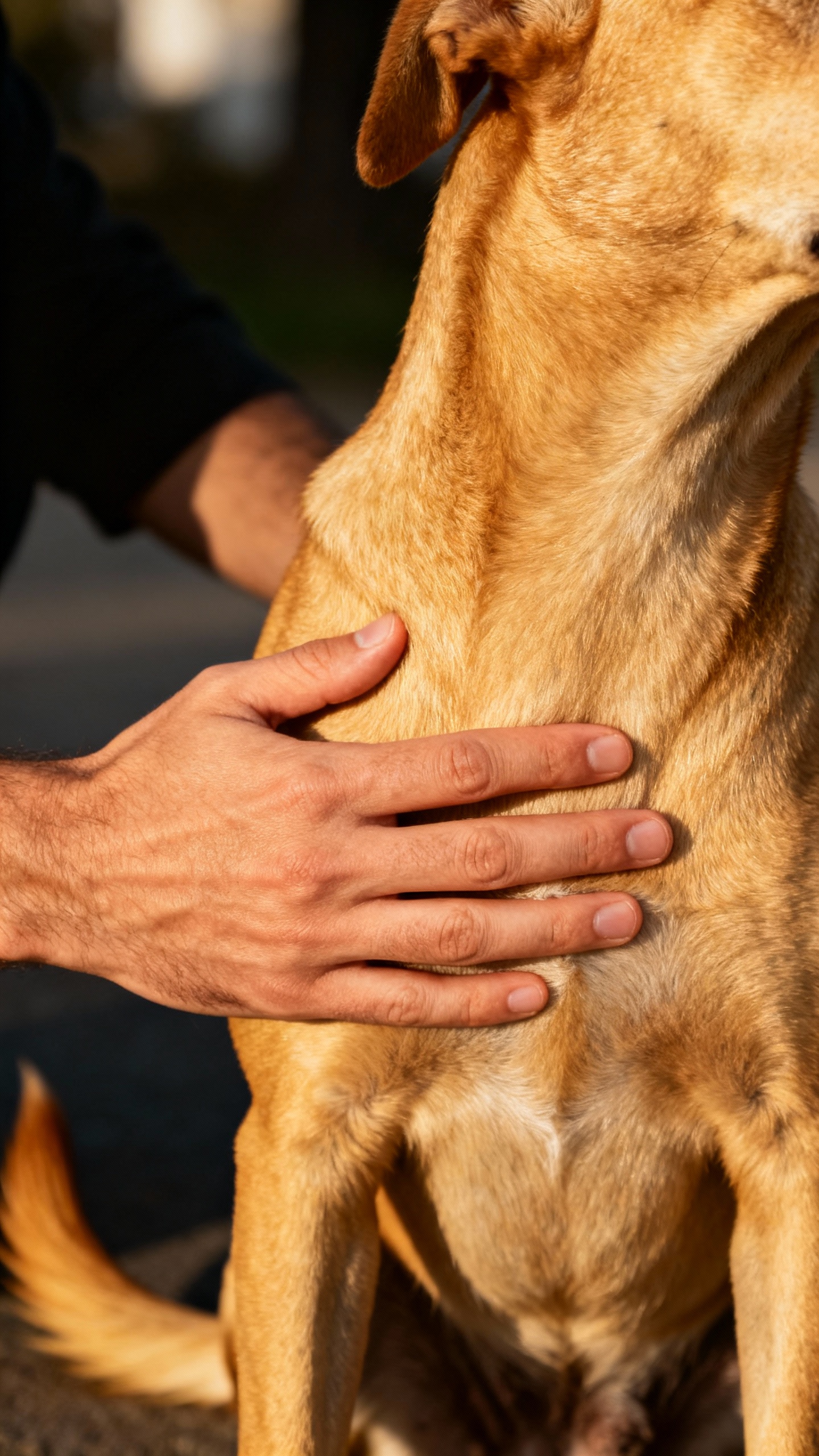 Male hand gently petting dog’s chest, short fur, relaxed wagging tail