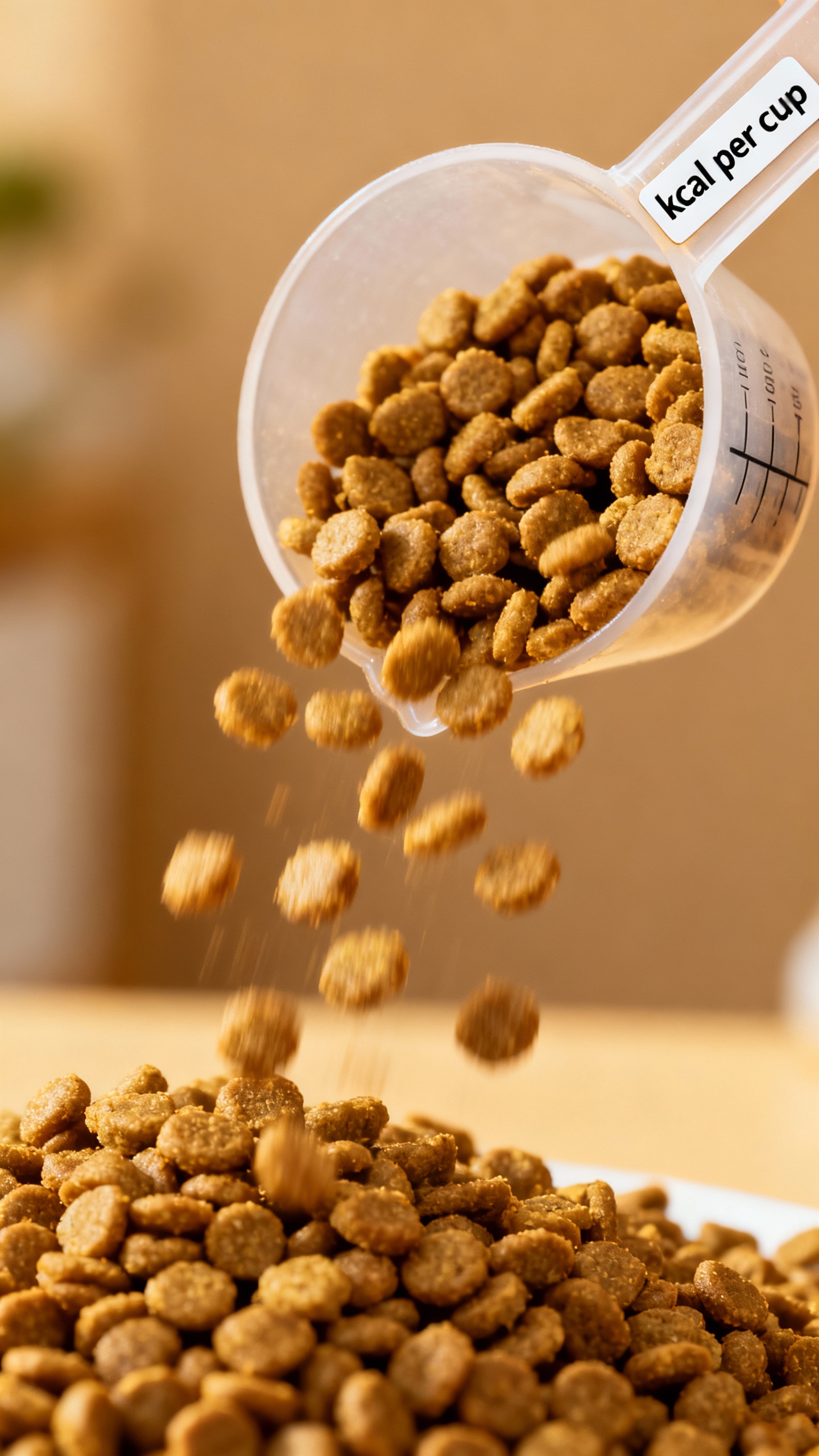 Measuring cup pouring dry kibble, nutrition label showing kcal per cup