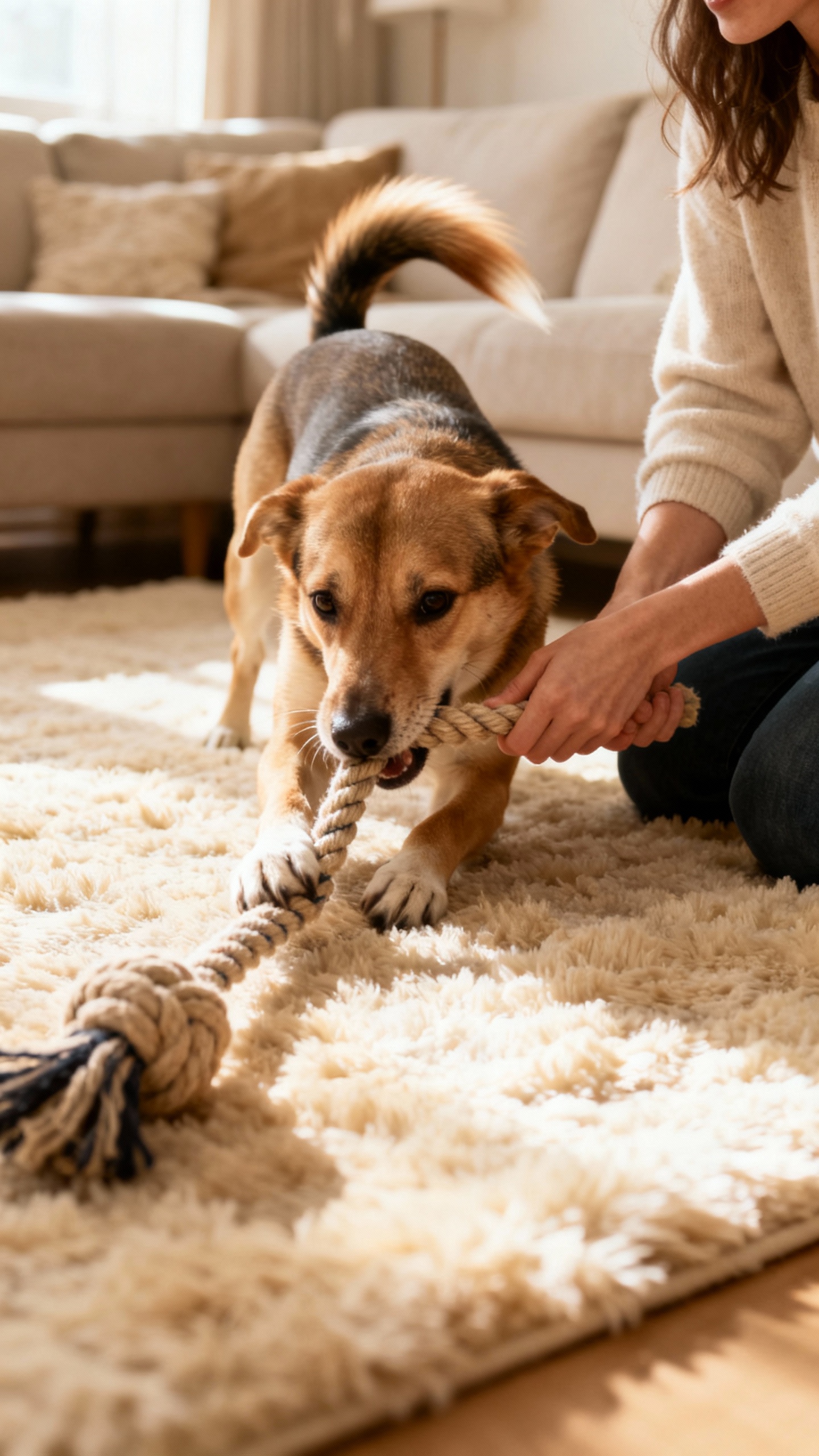 Medium dog tugging rope toy on living room rug, owner kneeling, soft lighting