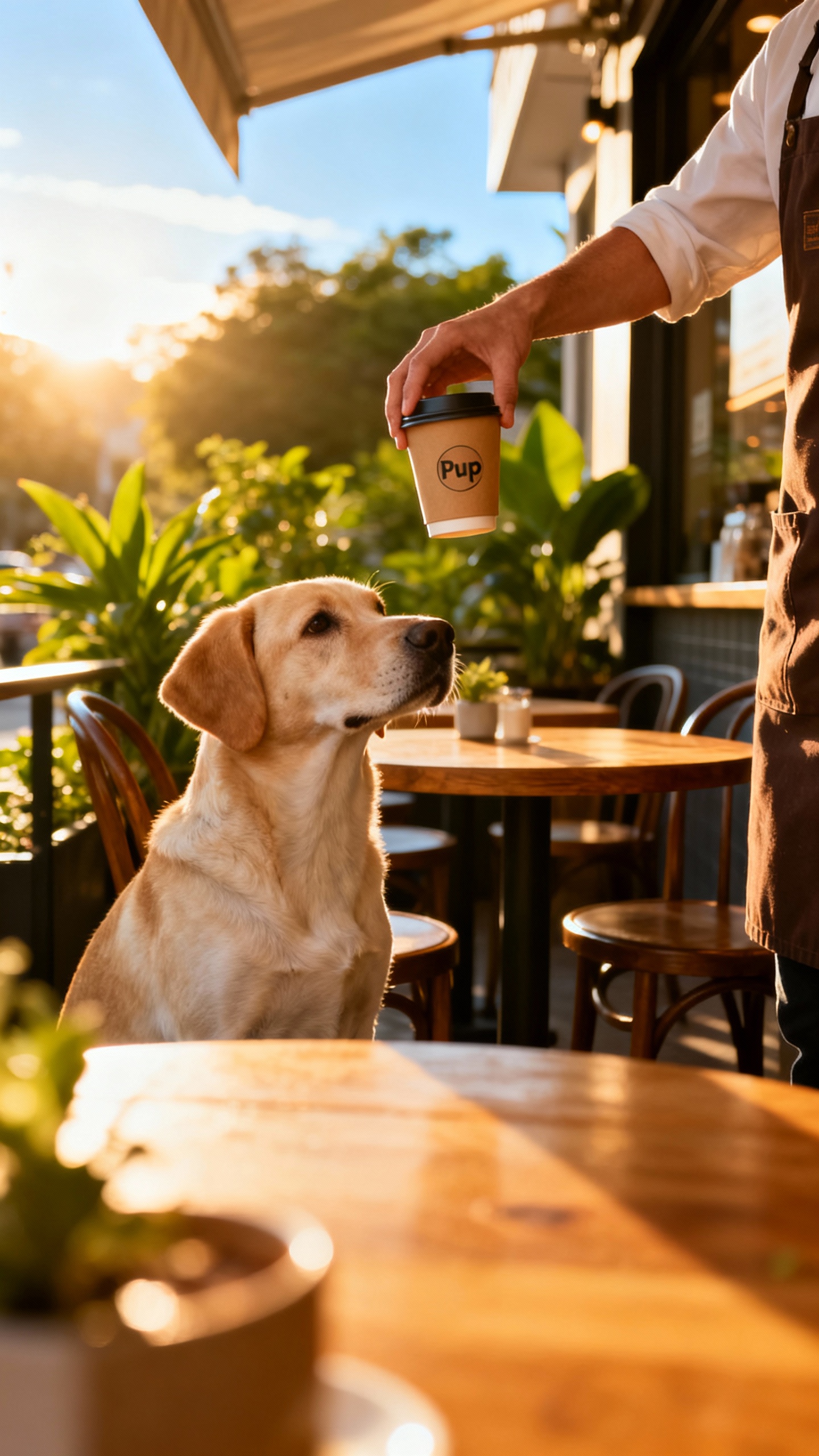 Medium shot, dog sitting politely at outdoor cafe, barista’s hand lowering pup cup