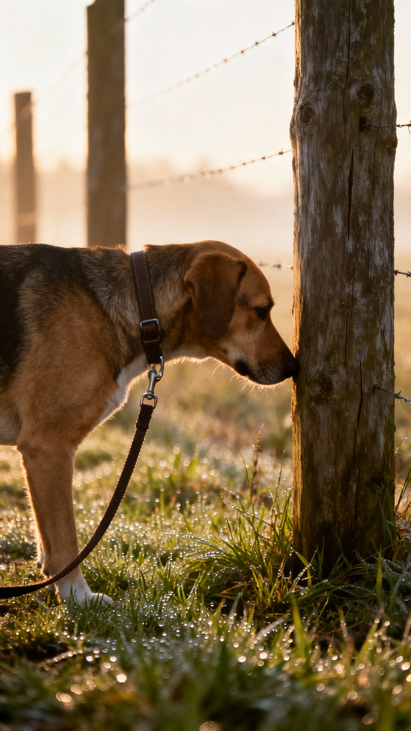 Medium shot of dog sniffing fence post on 8ft leash, morning