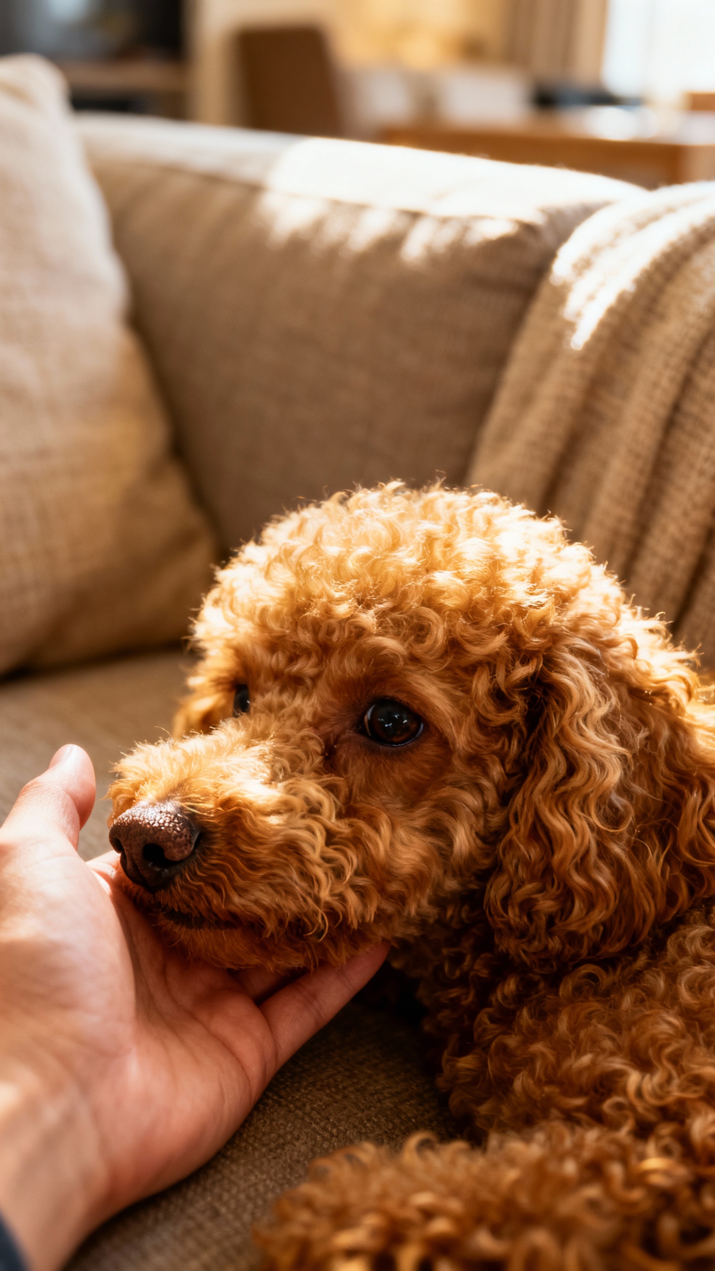 Miniature poodle nose-bumping owner’s hand, apartment sofa, low-shedding curls