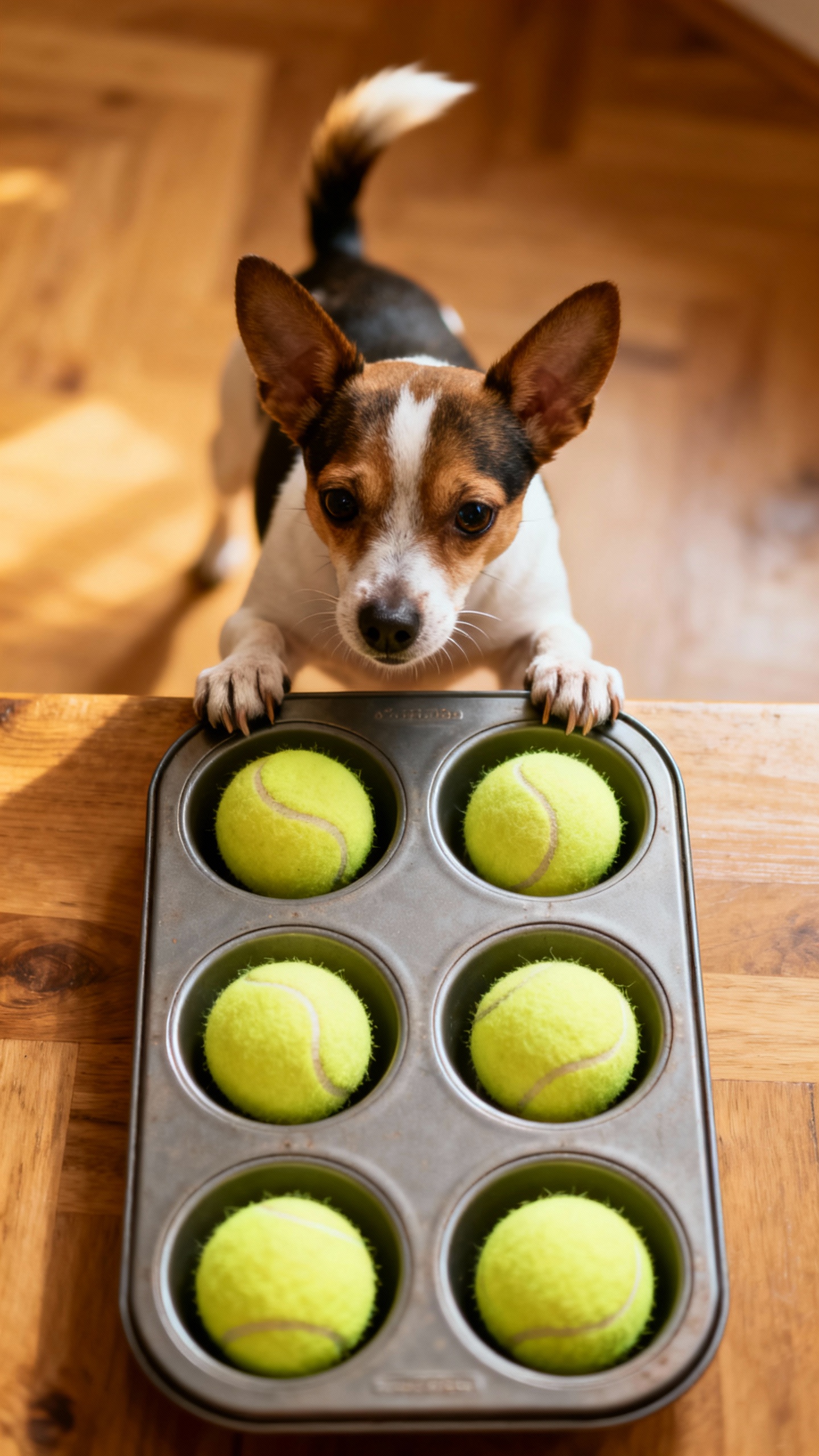 Muffin tin puzzle with tennis balls, curious terrier pawing