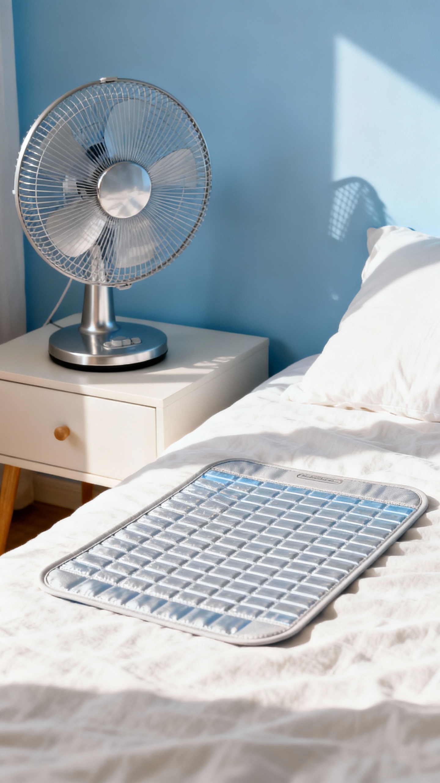 Nightstand fan and cooling mat beside bed, summer scene
