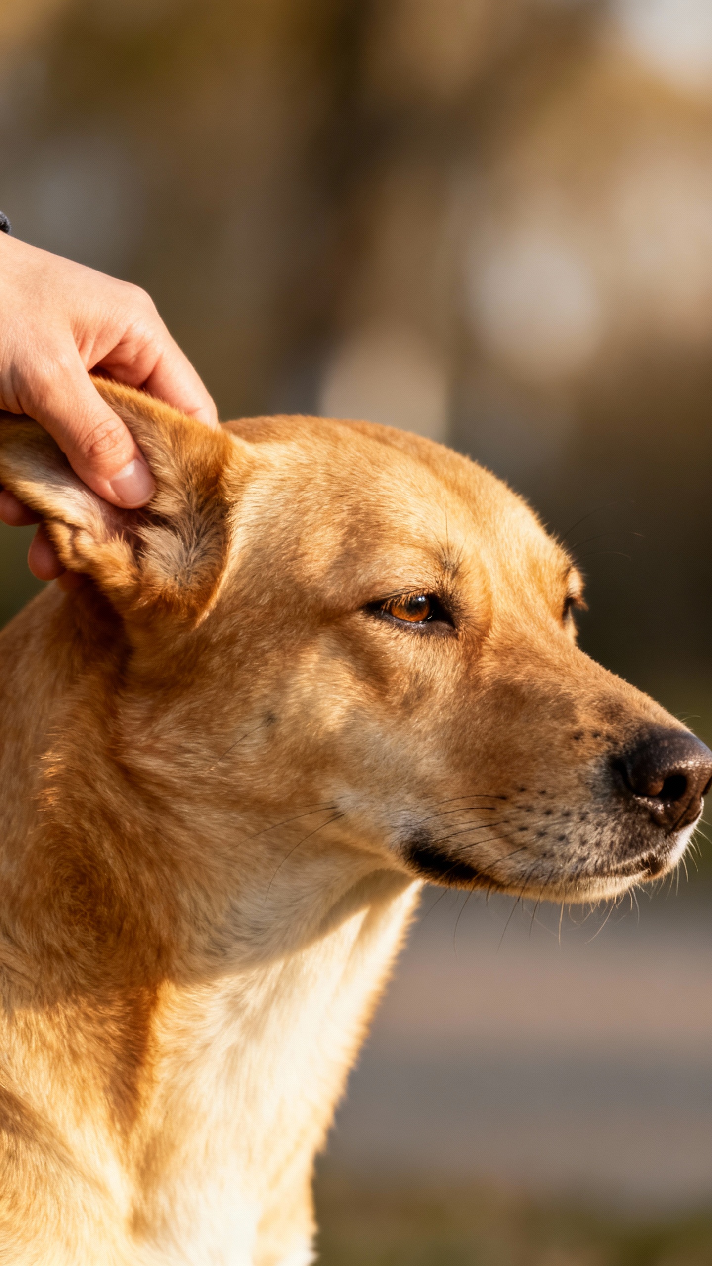 Owner hand gently massaging dog’s ear, soft fur, relaxed eyes