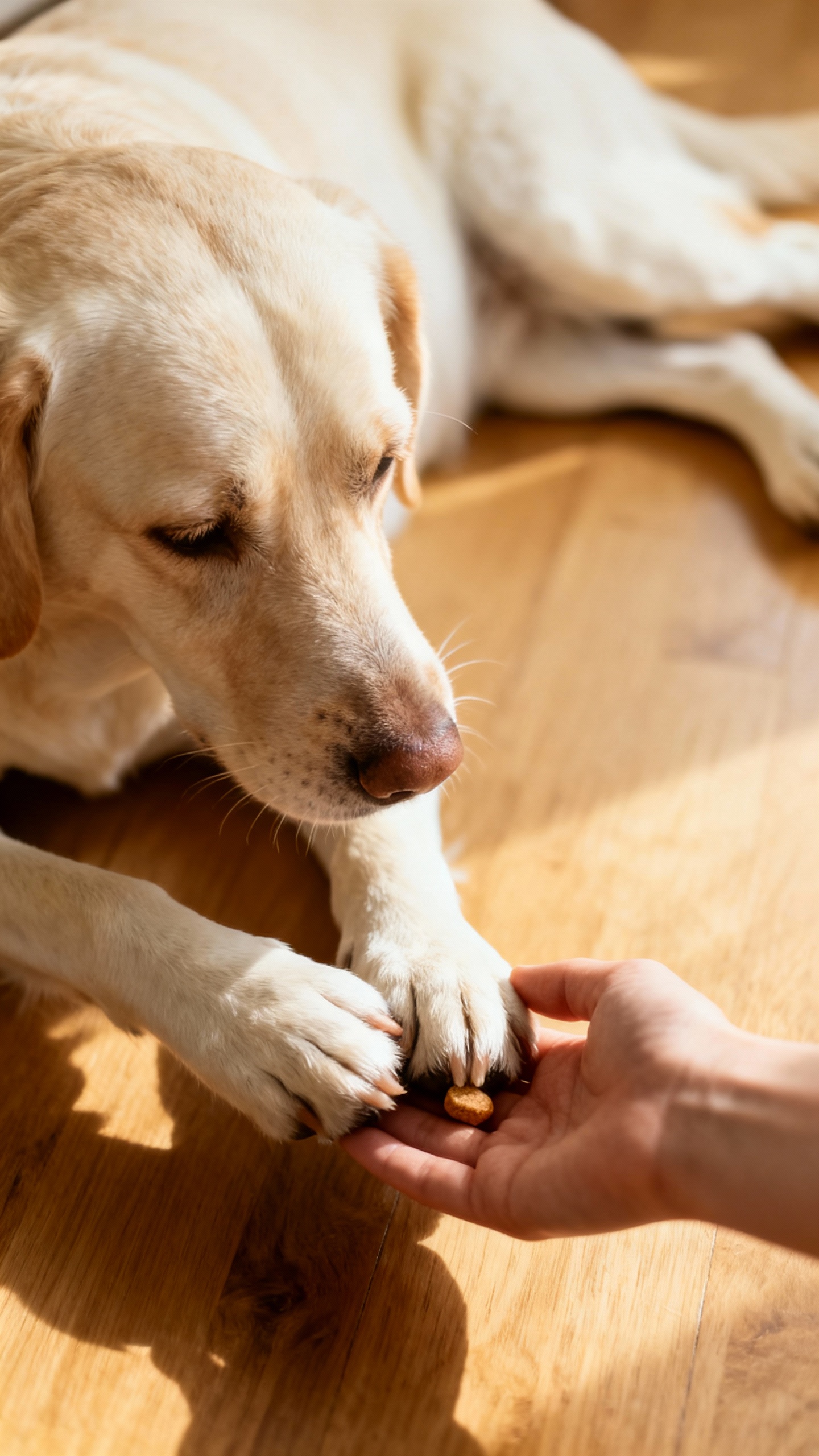 Owner hand marking calm with treat by resting dog’s paws