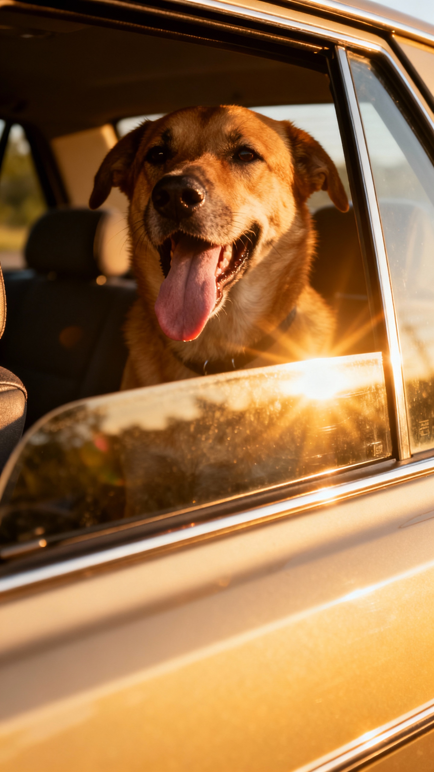 Parked car window, panting dog inside, sun glare heat