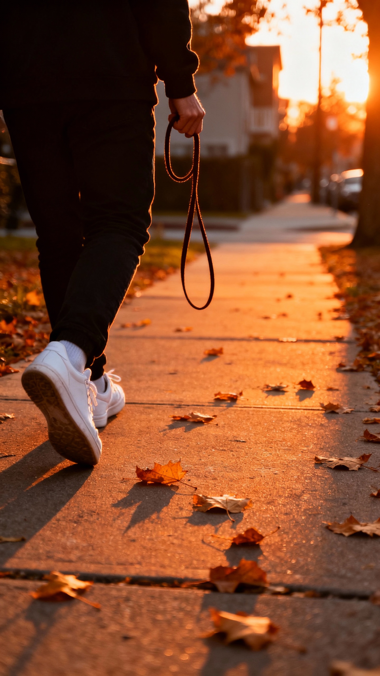 Person walking alone holding empty leash at sunset, sidewalk leaves, sneakers