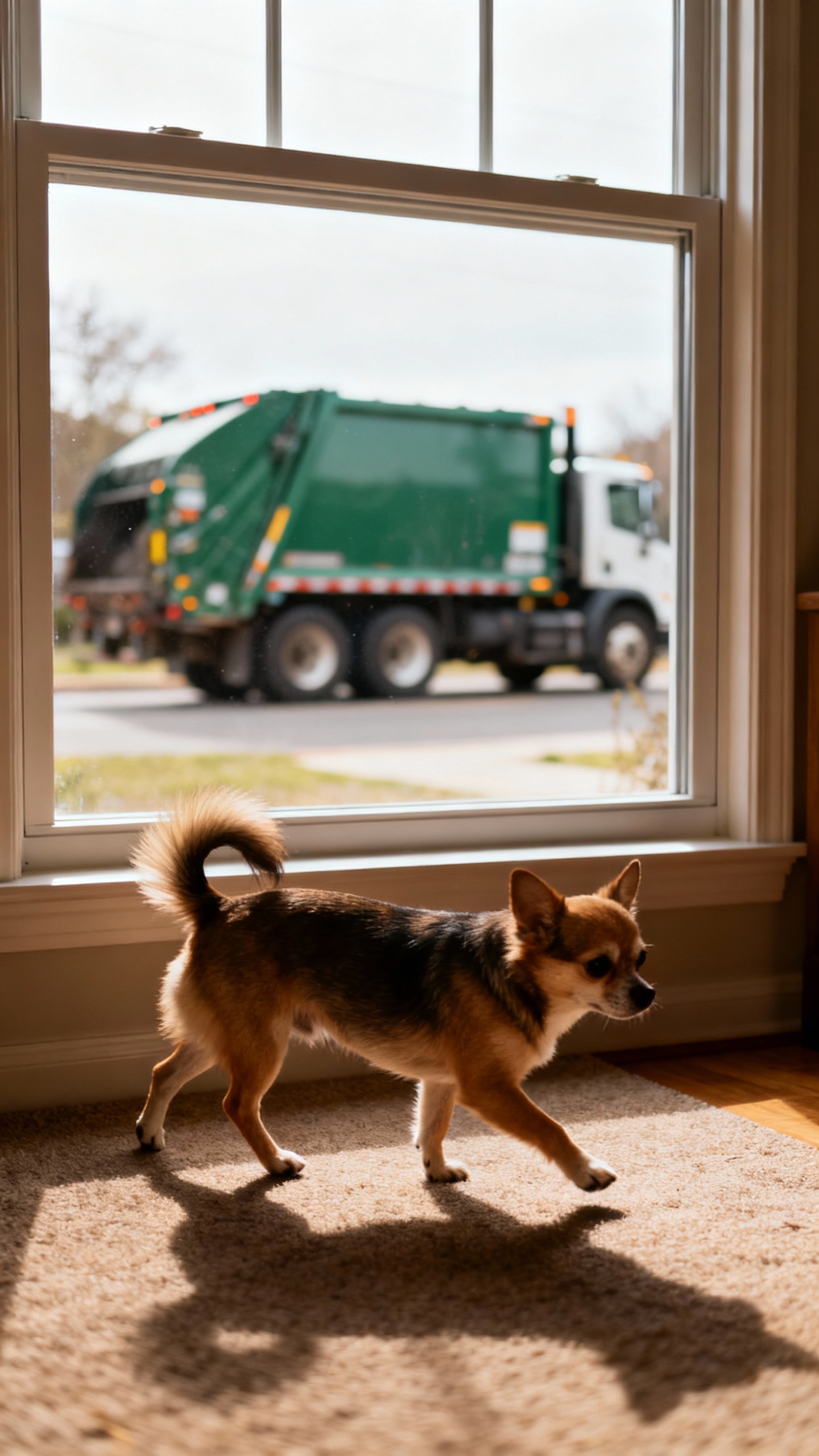 Pet cam view: small dog pacing by window, garbage truck outside