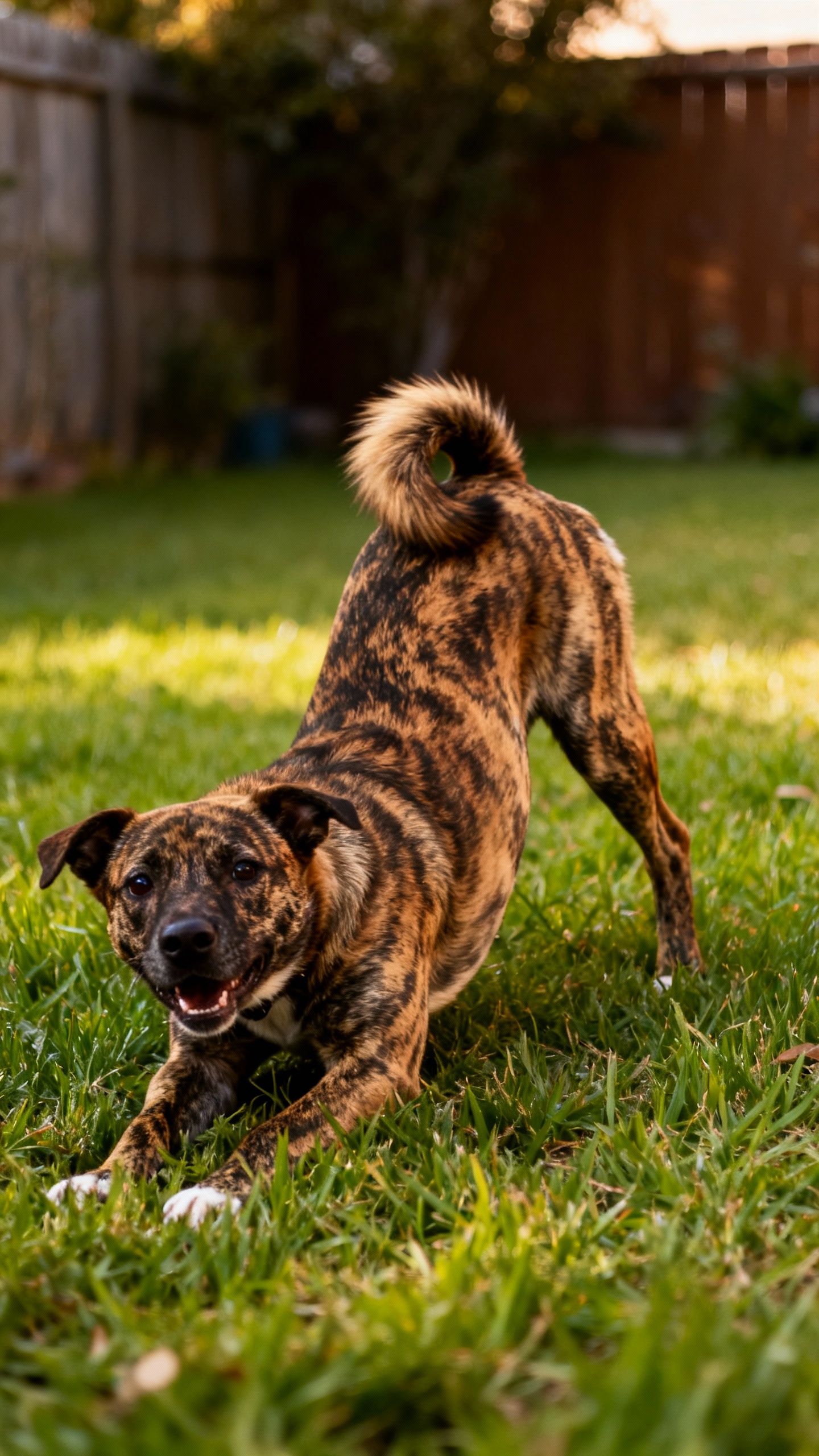 Play bow in backyard, front down butt up, loose wiggly body, brindle dog, green grass