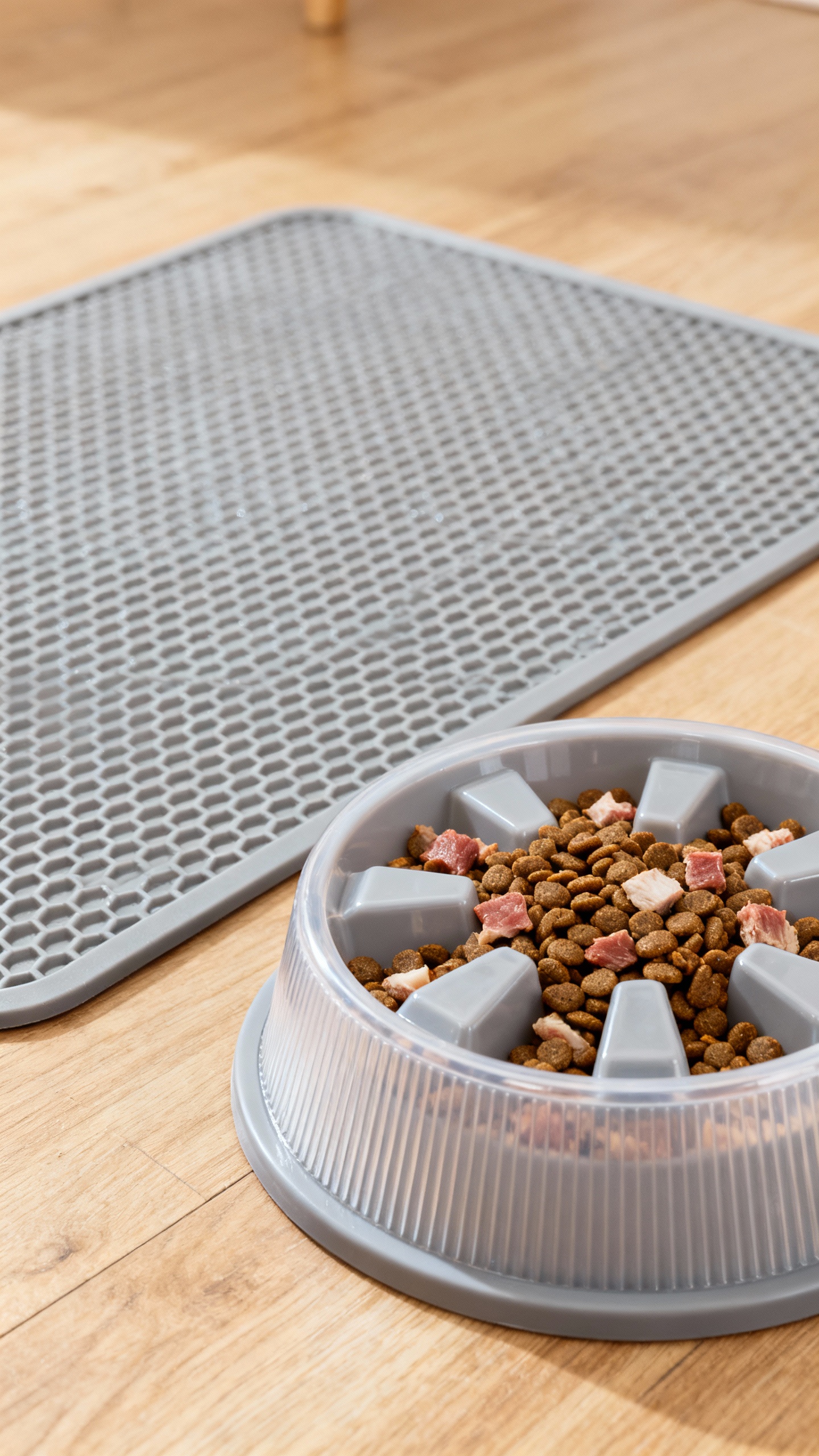 Playpen setup: waterproof mat, measured puppy meal in slow feeder