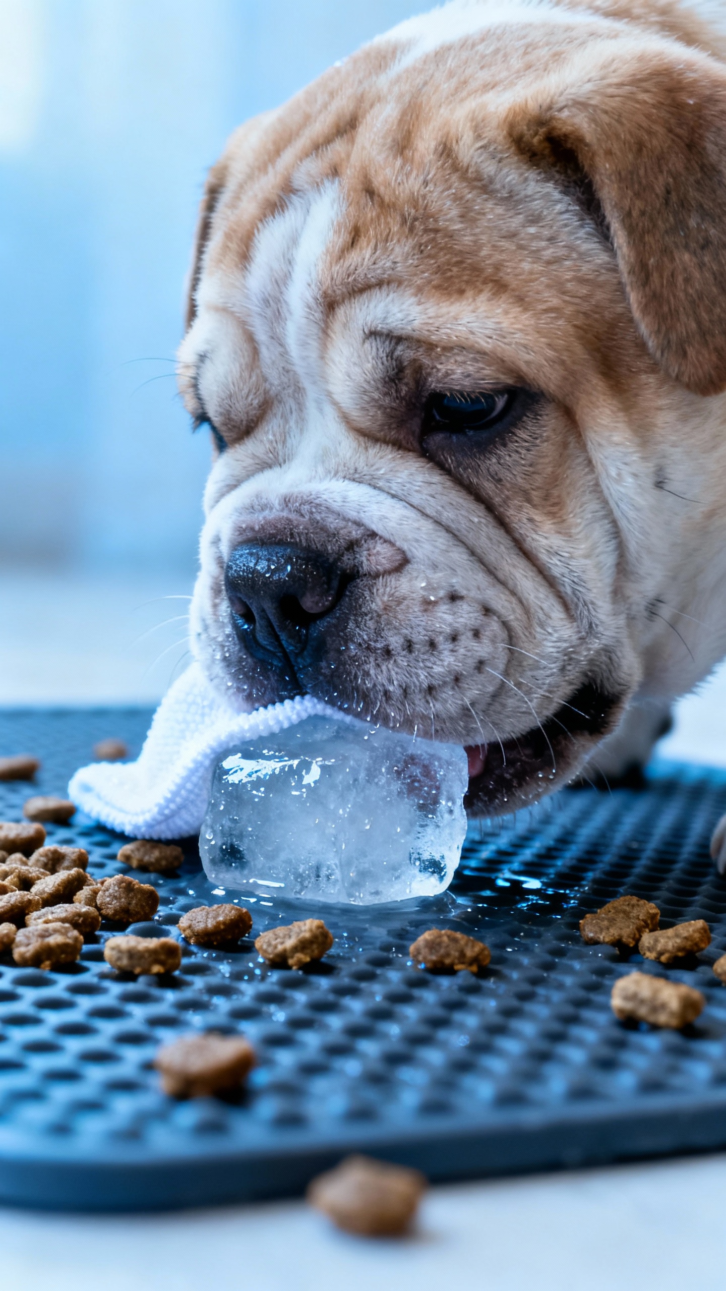 Puppy chewing frozen wet washcloth on rubber mat, scattered kibble, wrinkled muzzle closeup