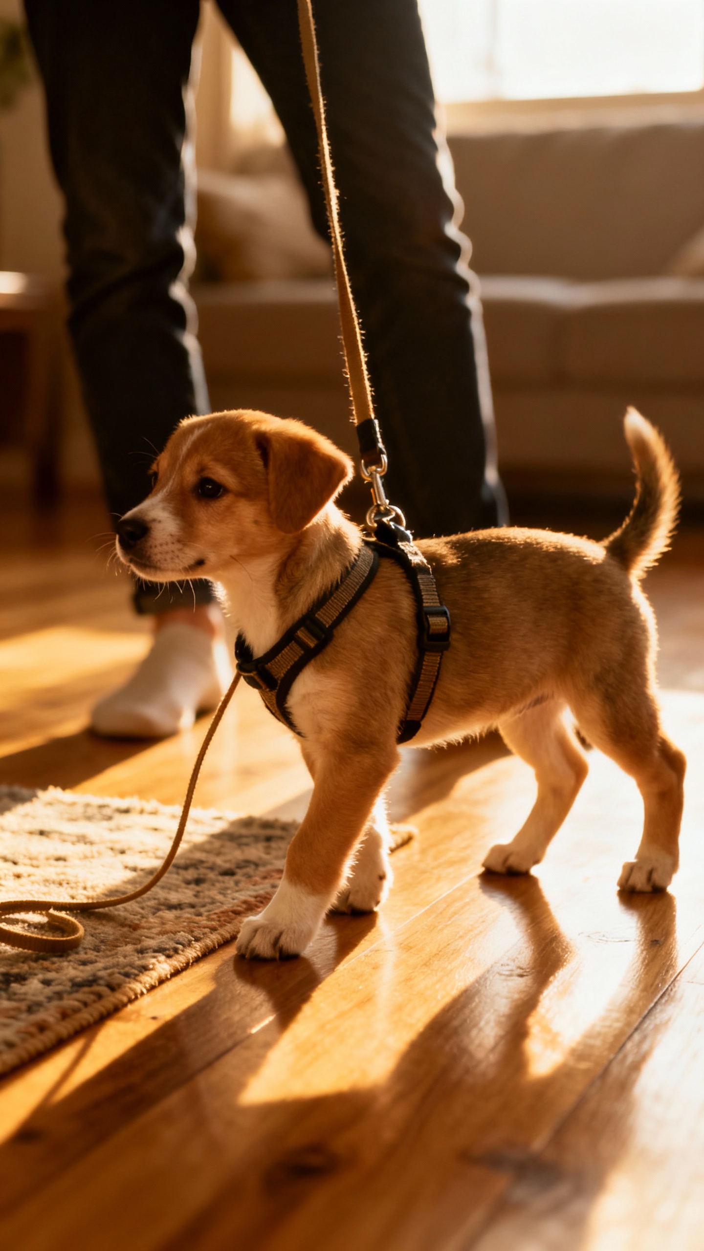 Puppy harness and loose leash training indoors, owner’s legs visible
