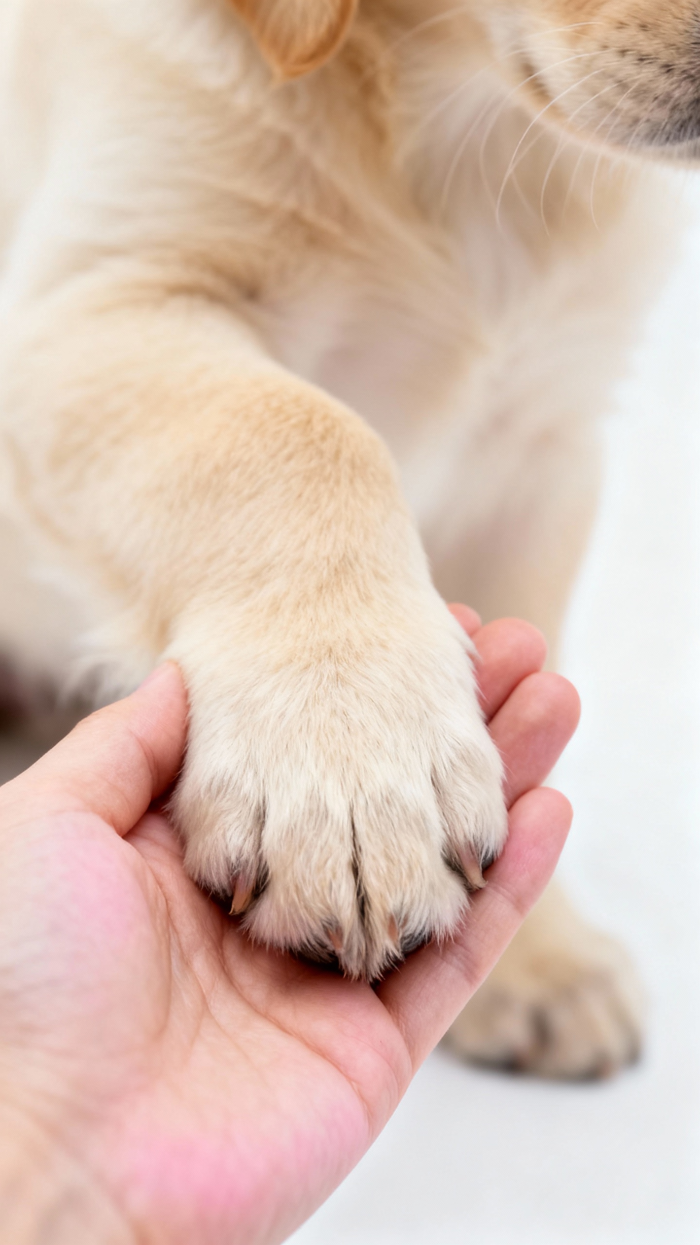 Puppy paw touching human hand handshake, shallow depth, clean background