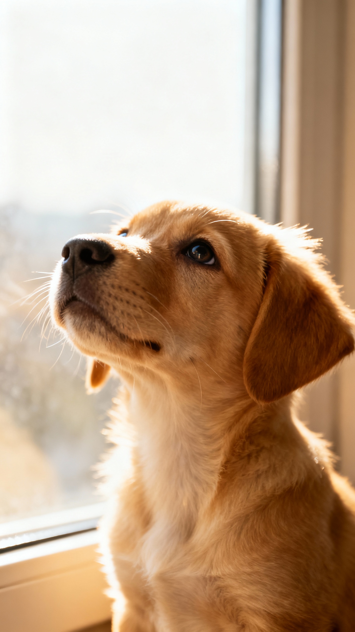 Puppy sitting by bright window, calm curious eyes, 2x lens portrait