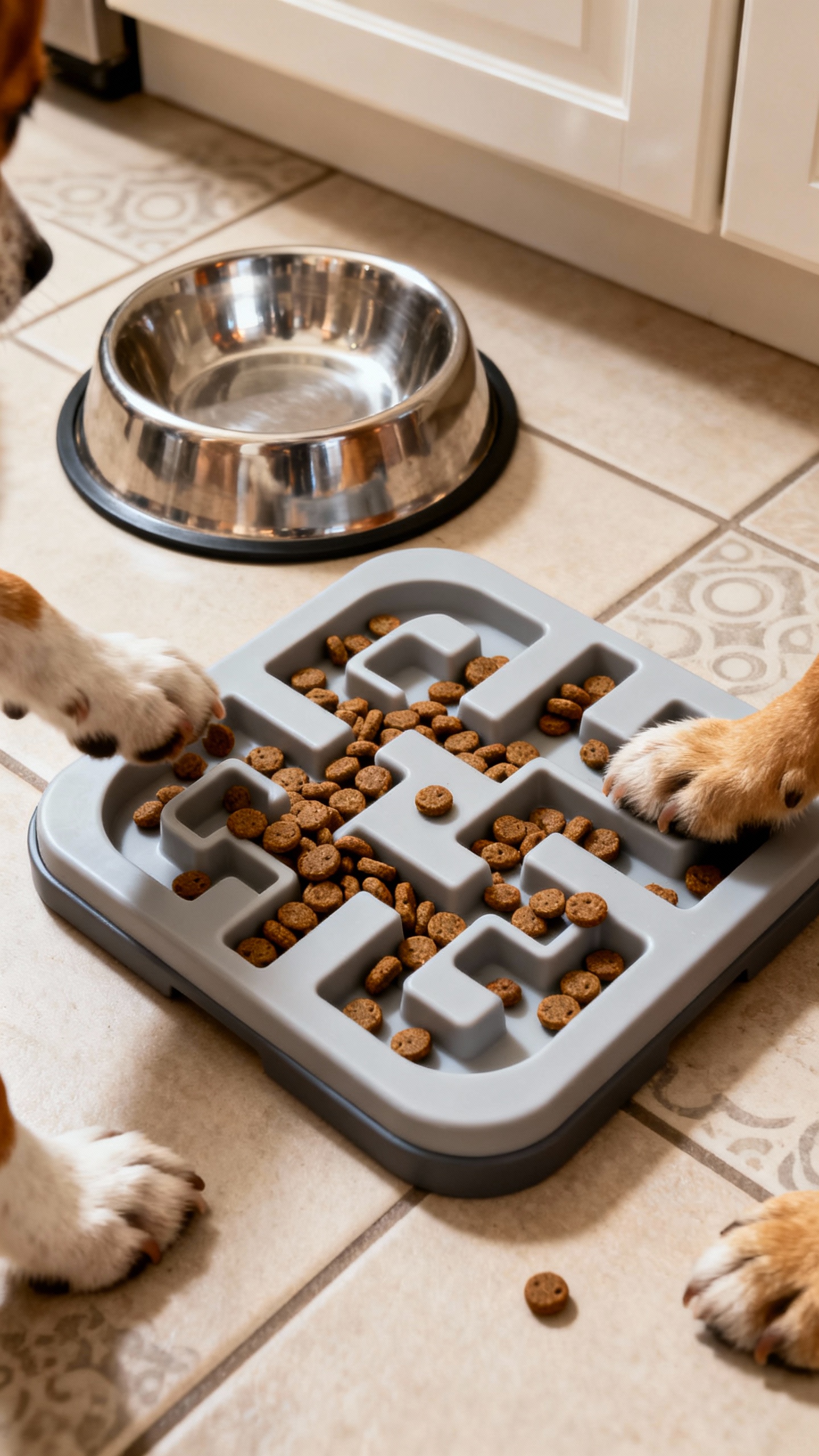 Puzzle feeder kibble maze on kitchen floor, eager paws, stainless bowl nearby