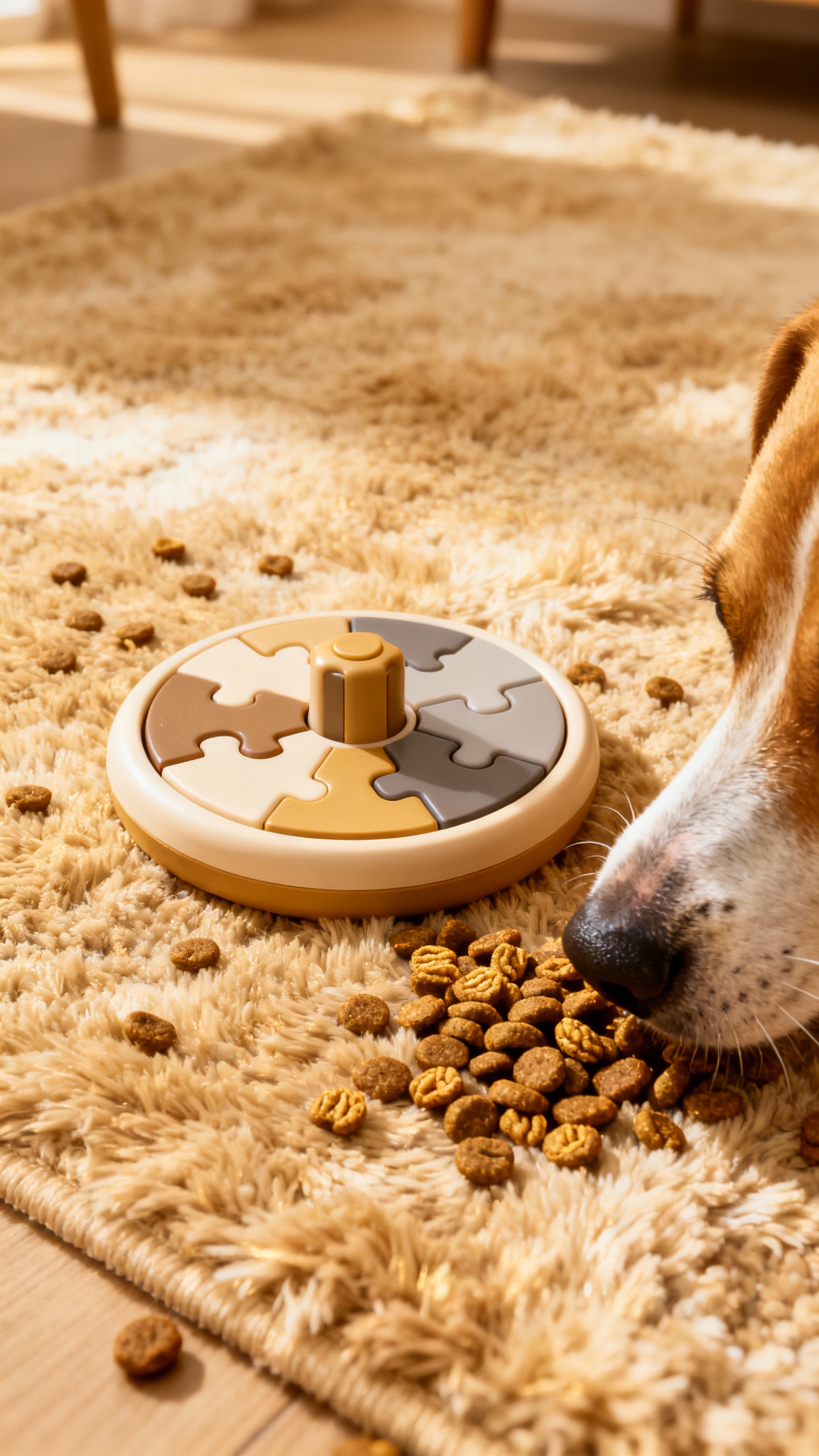 Puzzle toy on rug with kibble, dog nose sniffing