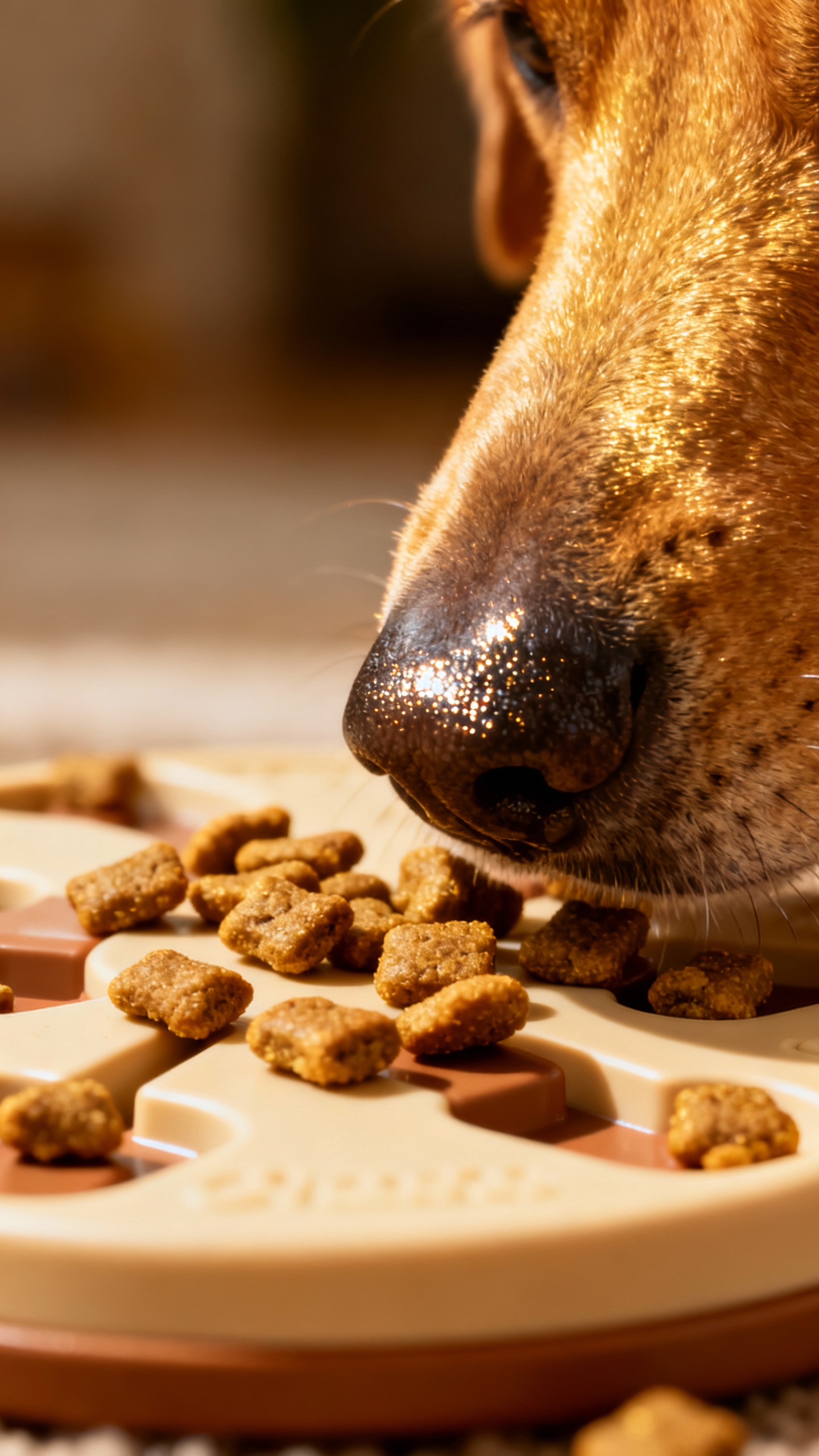 Puzzle toy with kibble pieces, dog nose sniffing closeup
