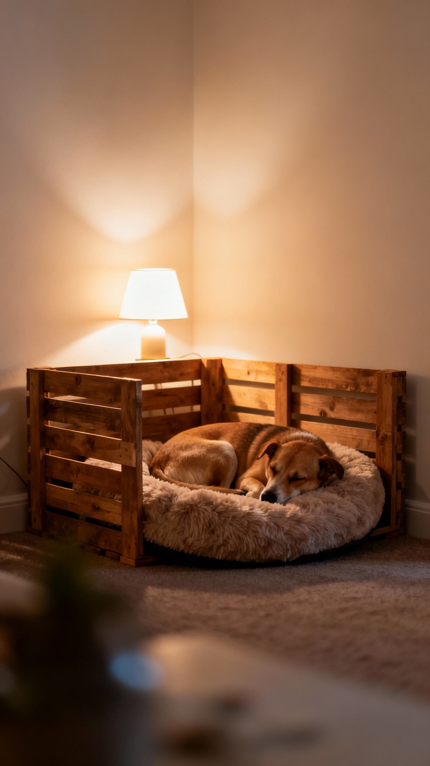 Quiet crate corner with plush bed, soft lamp glow, relaxed dog curled up
