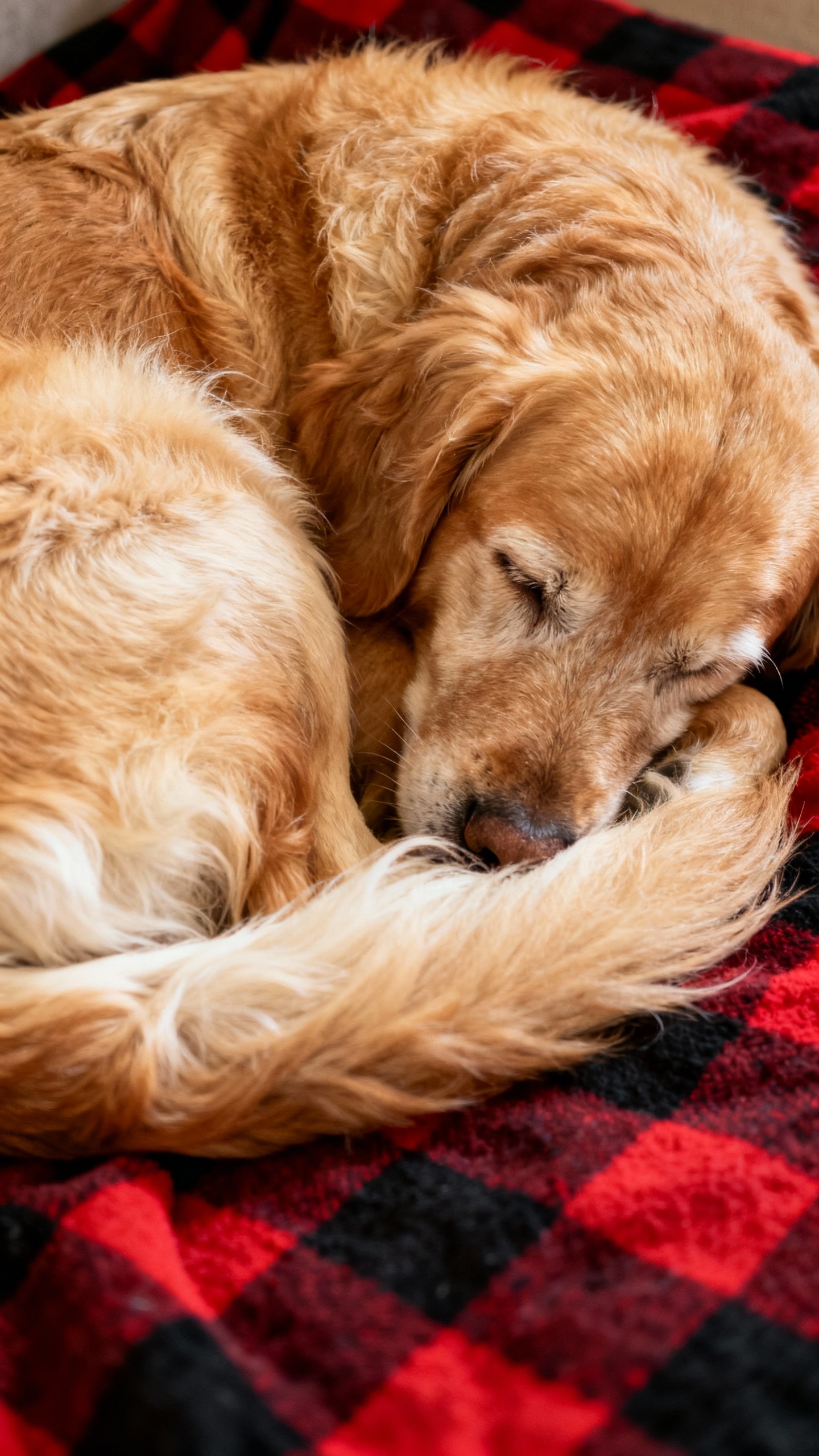 Senior golden retriever curled donut-style on plaid blanket, nose tucked
