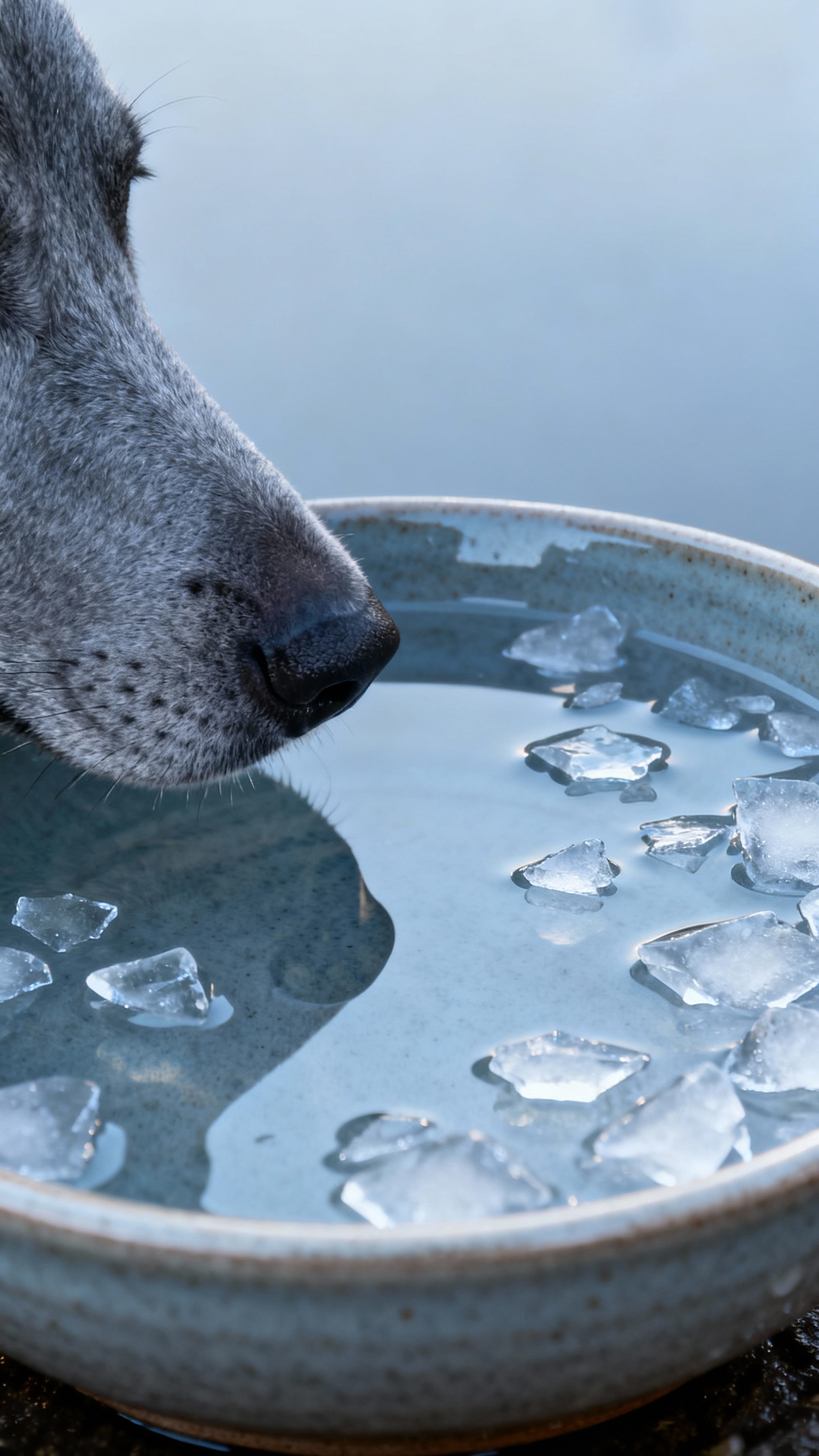 Shallow ceramic water bowl with ice chips, gray muzzle reflected nearby