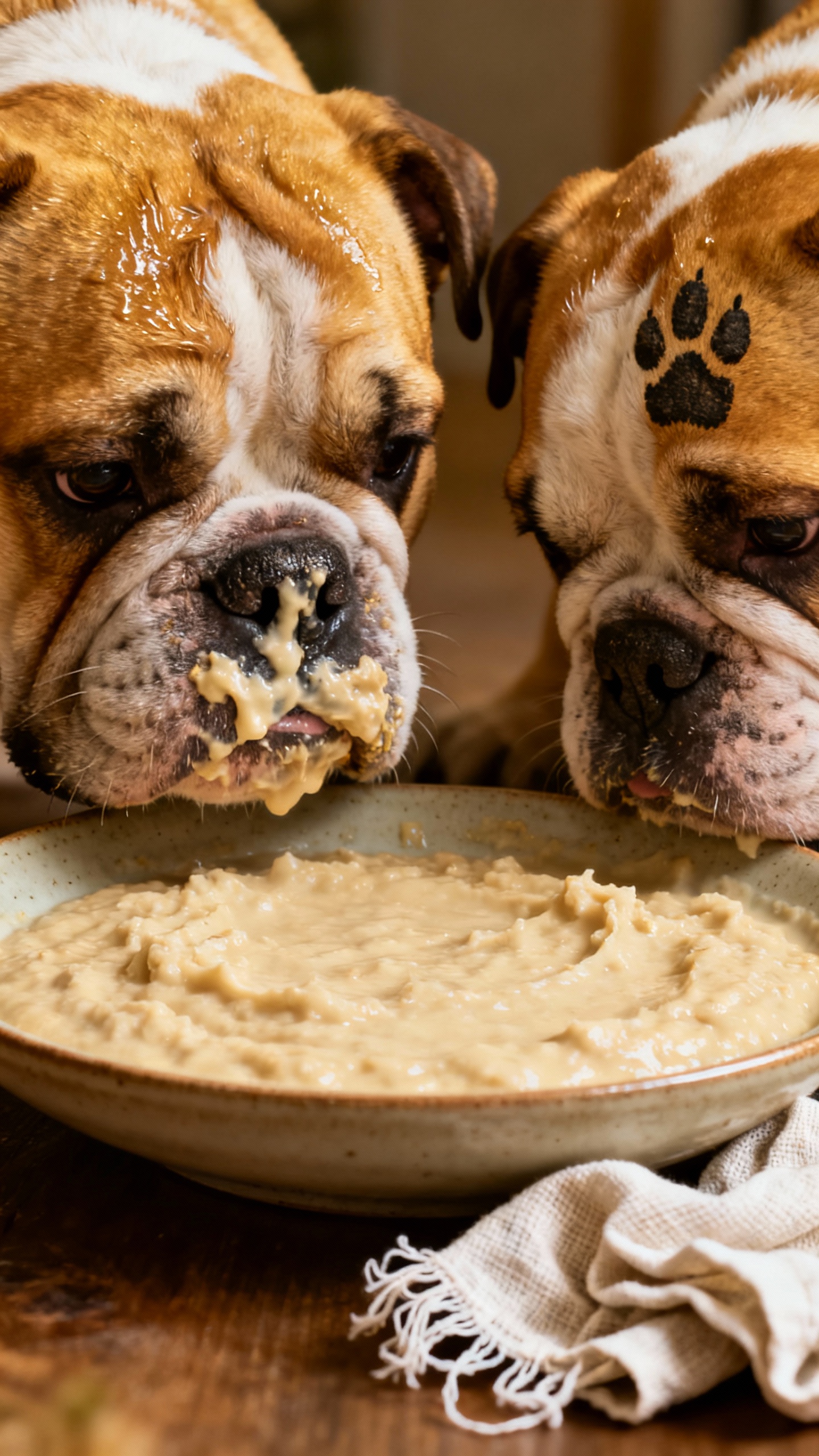 Shallow plate of puppy gruel, messy bulldog faces, wipe cloth