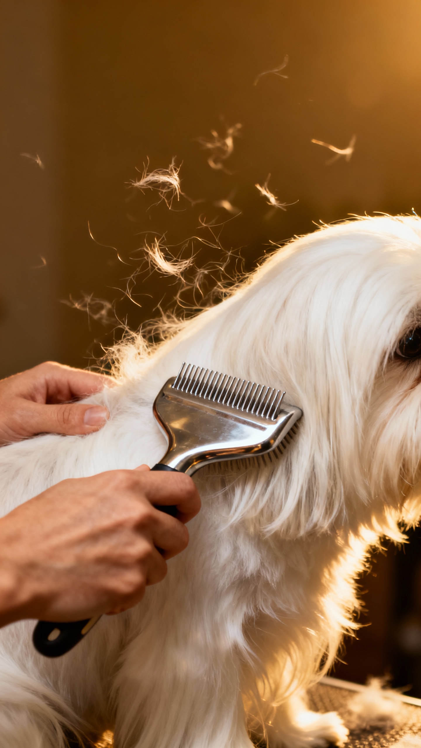 Shih Tzu grooming detail, hands brushing long white coat, stainless slicker brush, loose hair strand