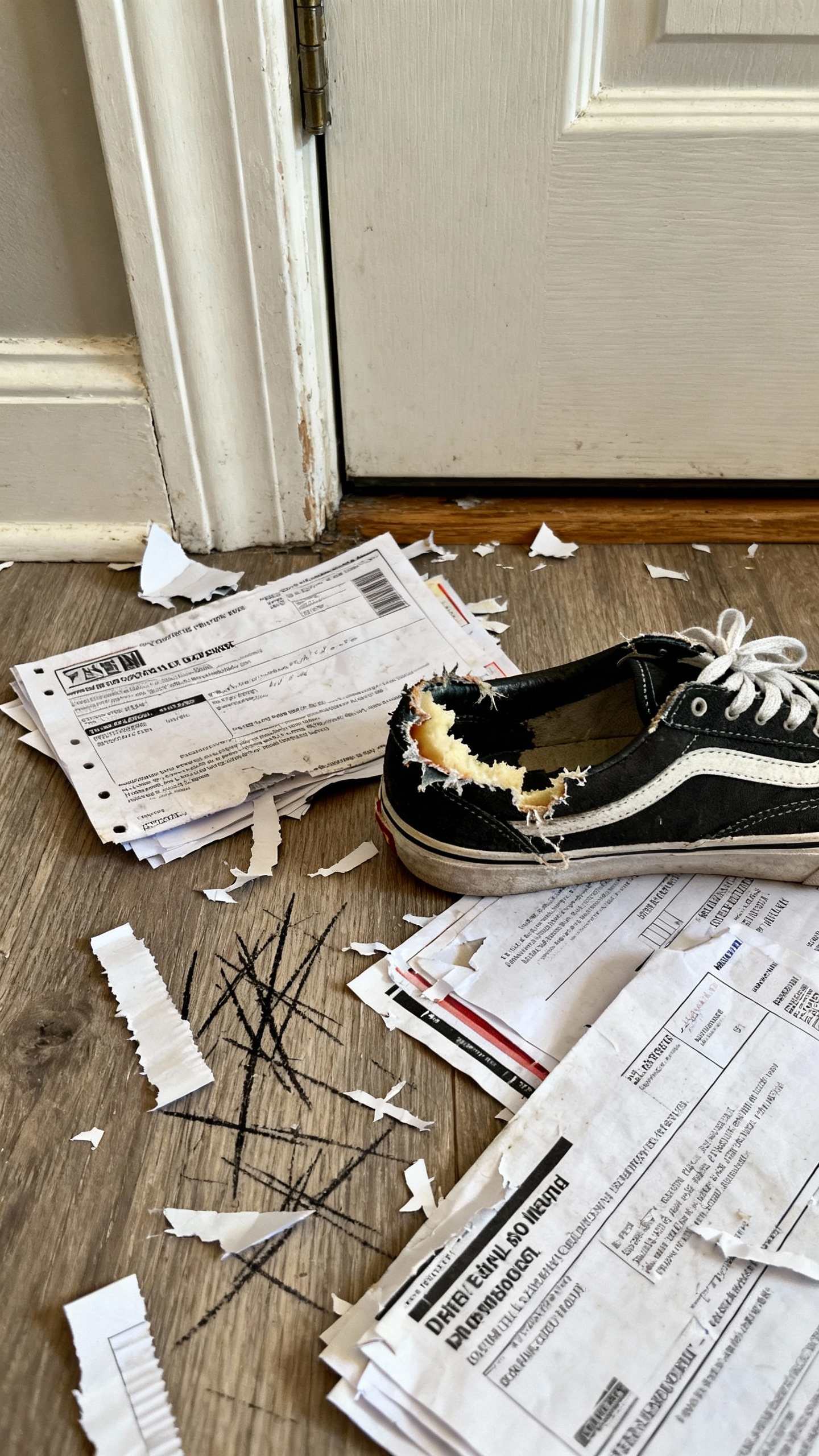 Shredded mail and chewed sneaker near front door, scratch marks