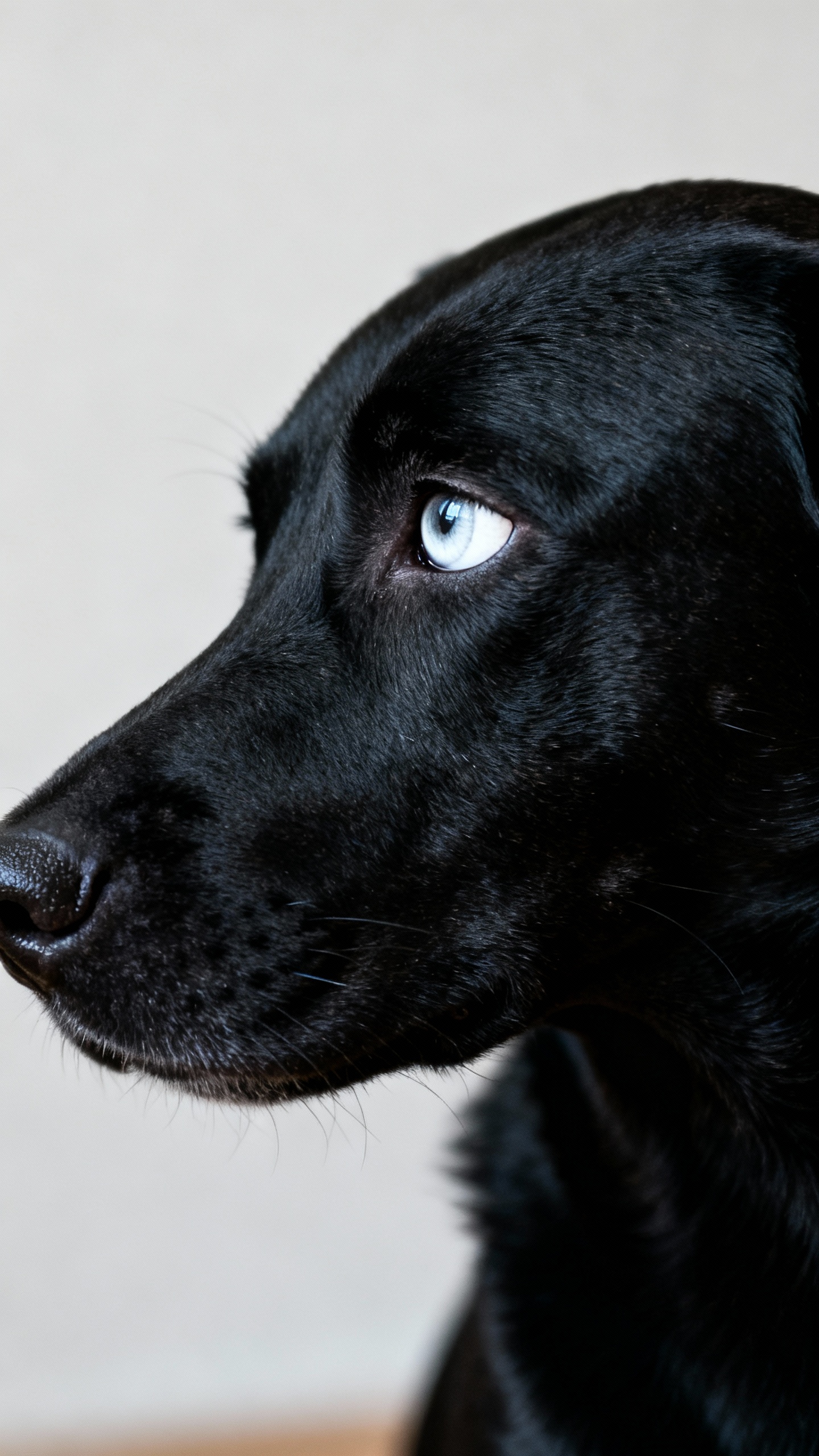 Side-eye “whale eye” closeup, white sclera visible, head turned away, short-haired black dog