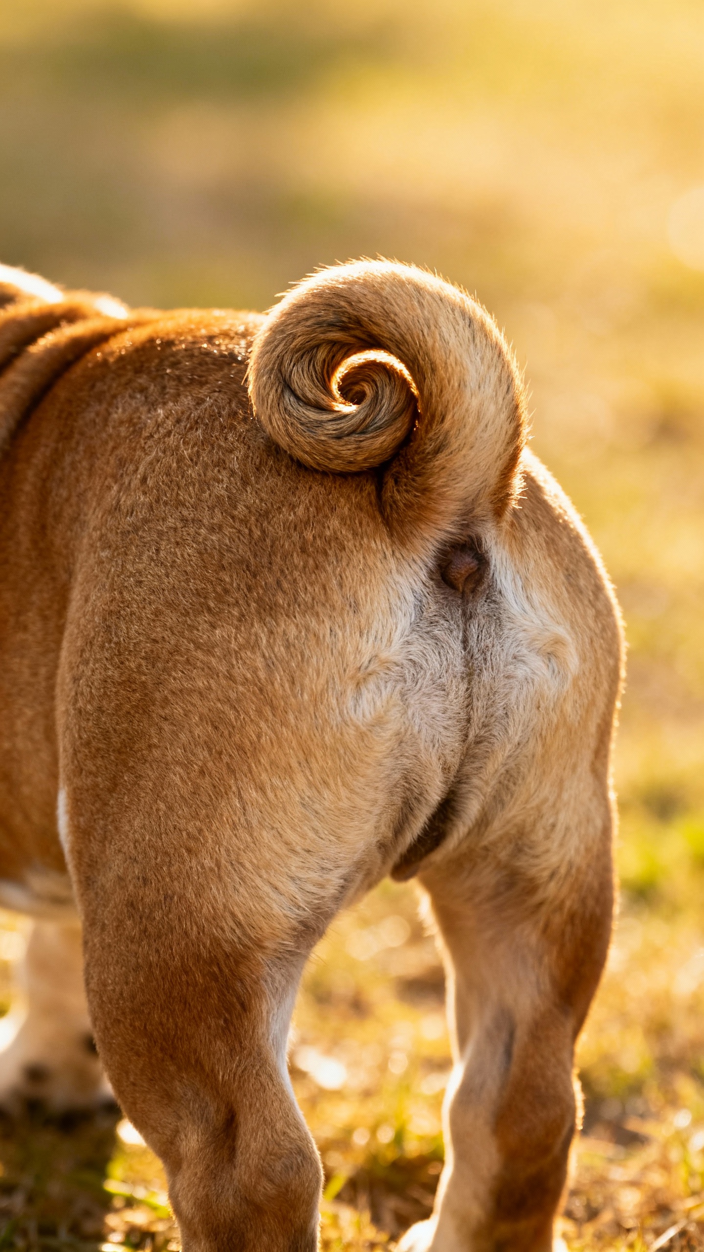 Side view of bulldog puppy tail, natural screw shape, short coat