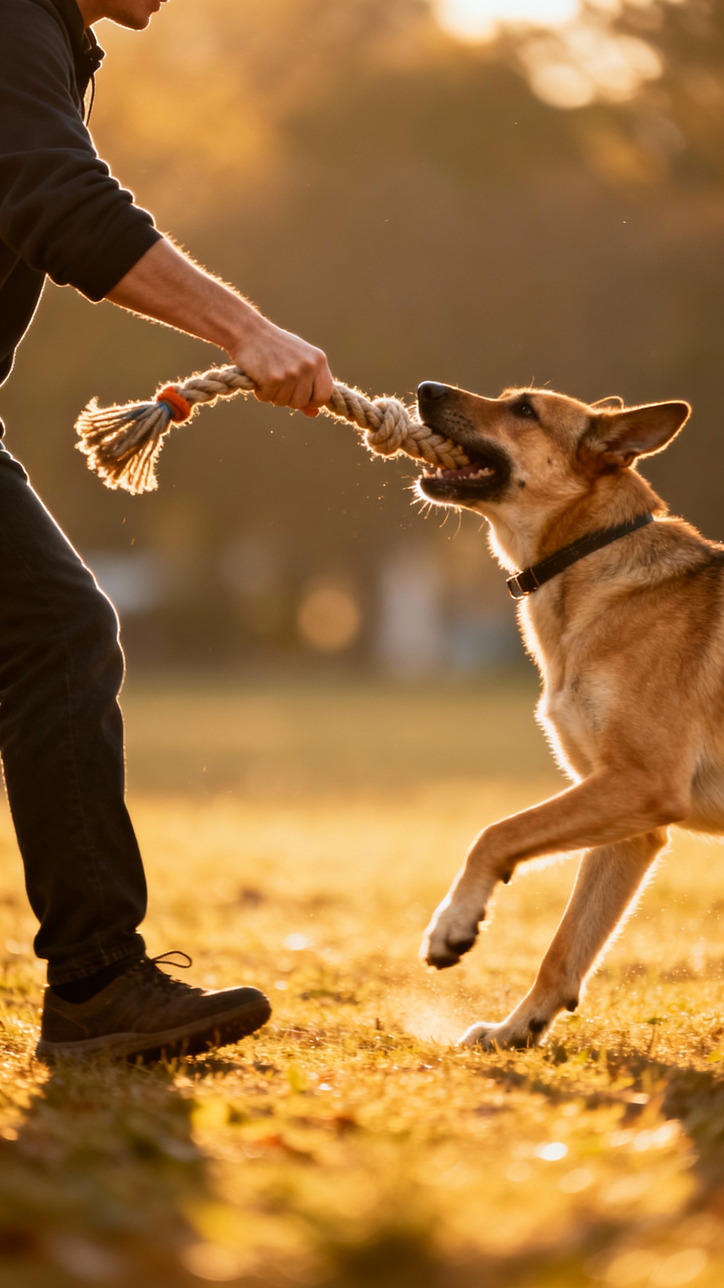 Side view of person playing tug with rope toy, dog winning
