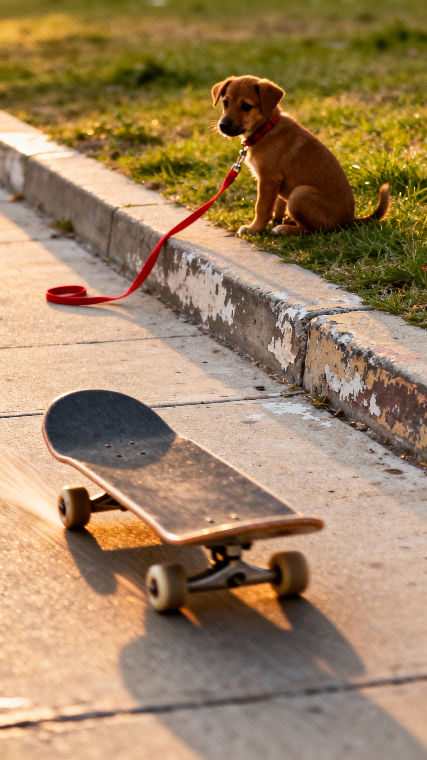 Skateboard passing on sidewalk, puppy watching from distance, leash slack