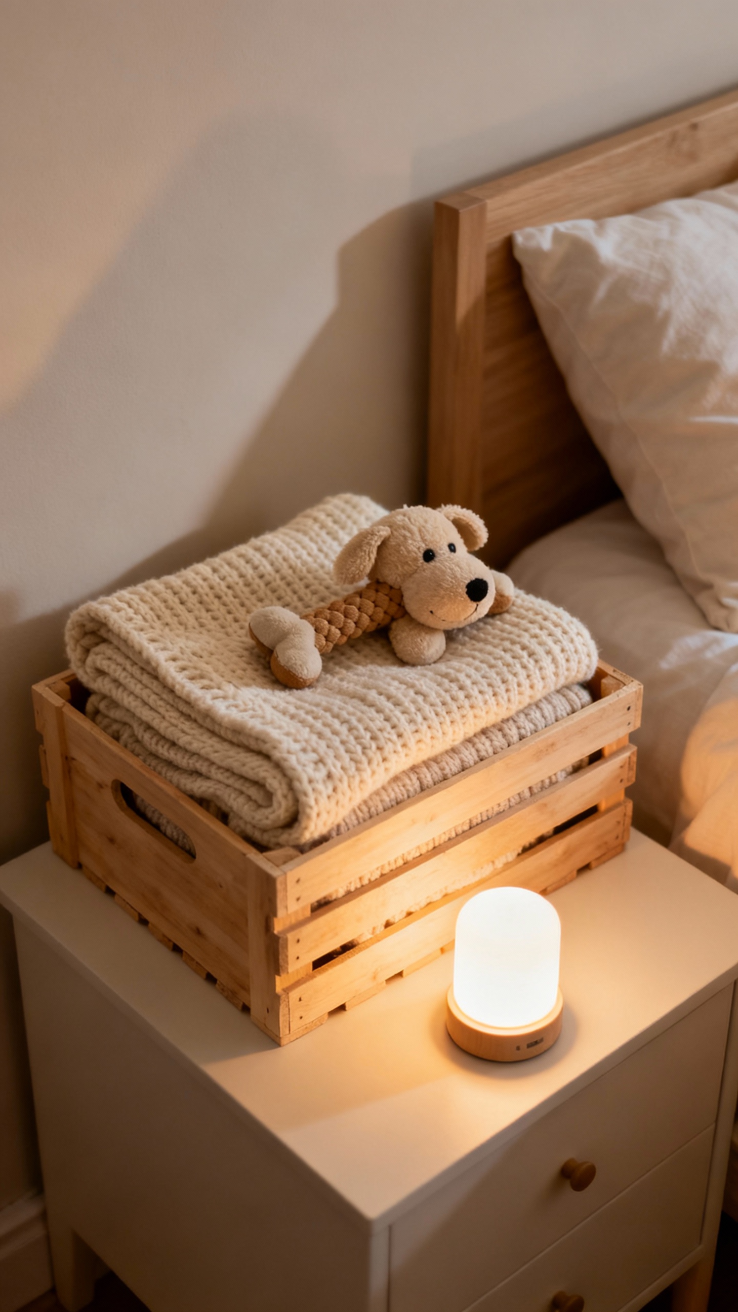 Small crate with cozy blanket and stuffed chew, bedroom nightlight