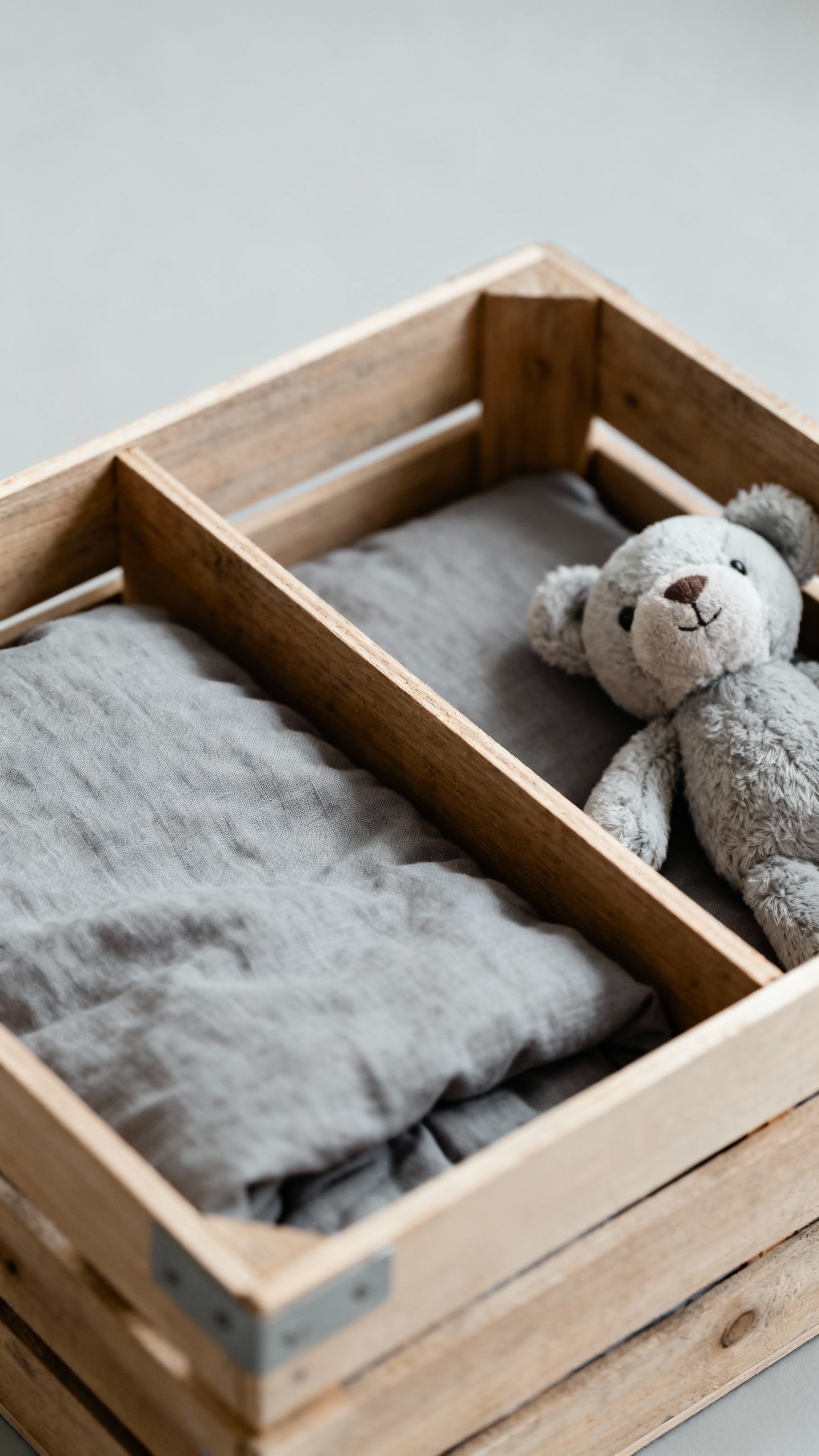 Small crate with divider, washable grey bedding, plush toy, closeup