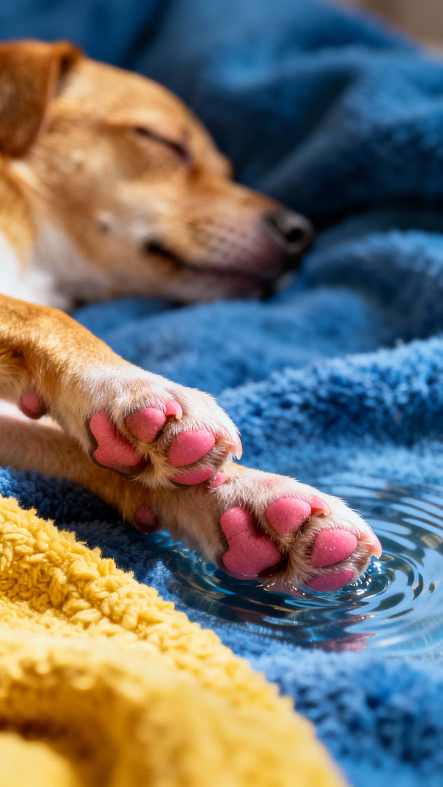 Small dog paws paddling mid-dream on blue-yellow blanket