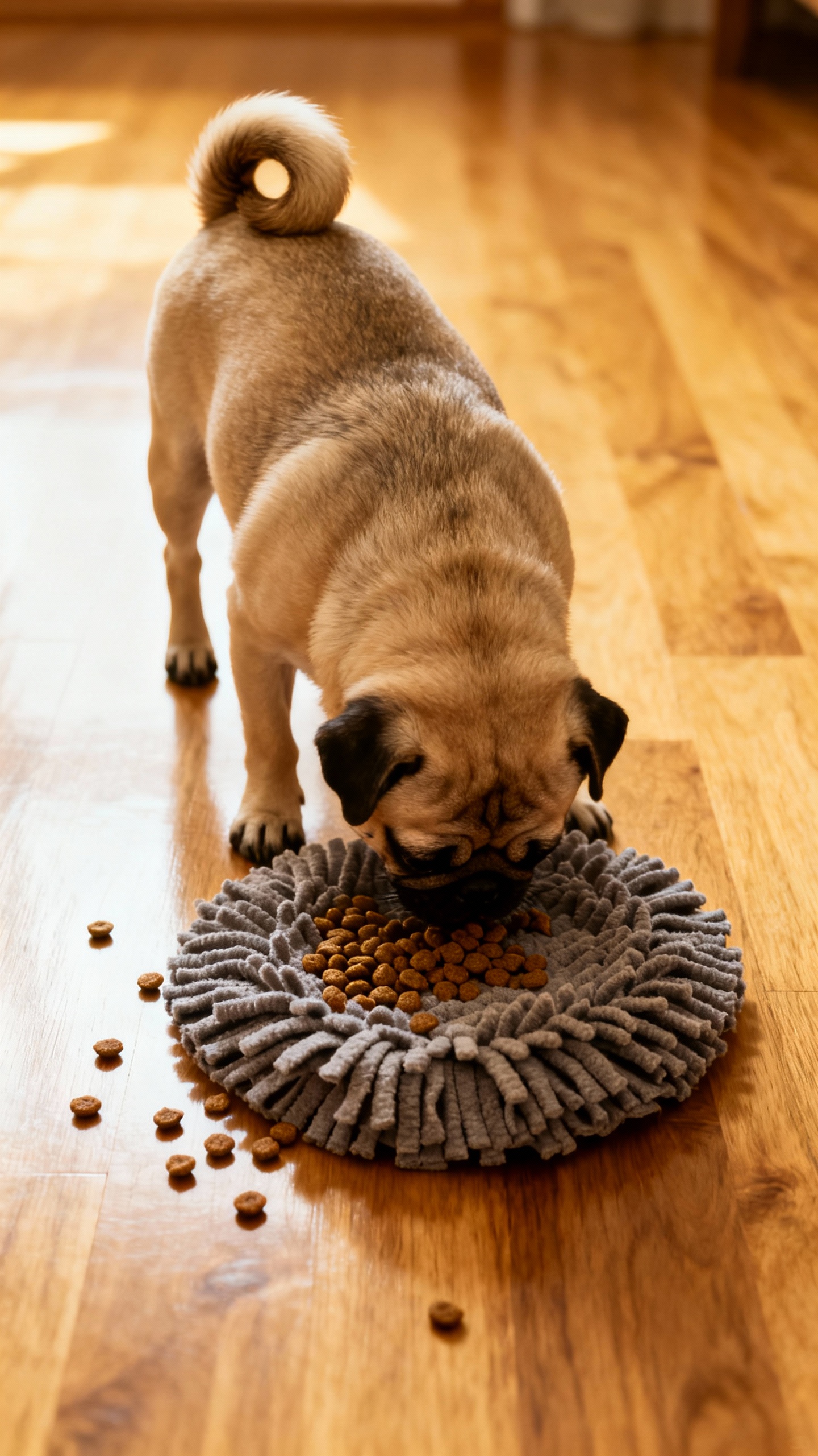 Snuffle mat puzzle on hardwood floor, small Pug focused sniffing, kibble pieces, curled tail visible