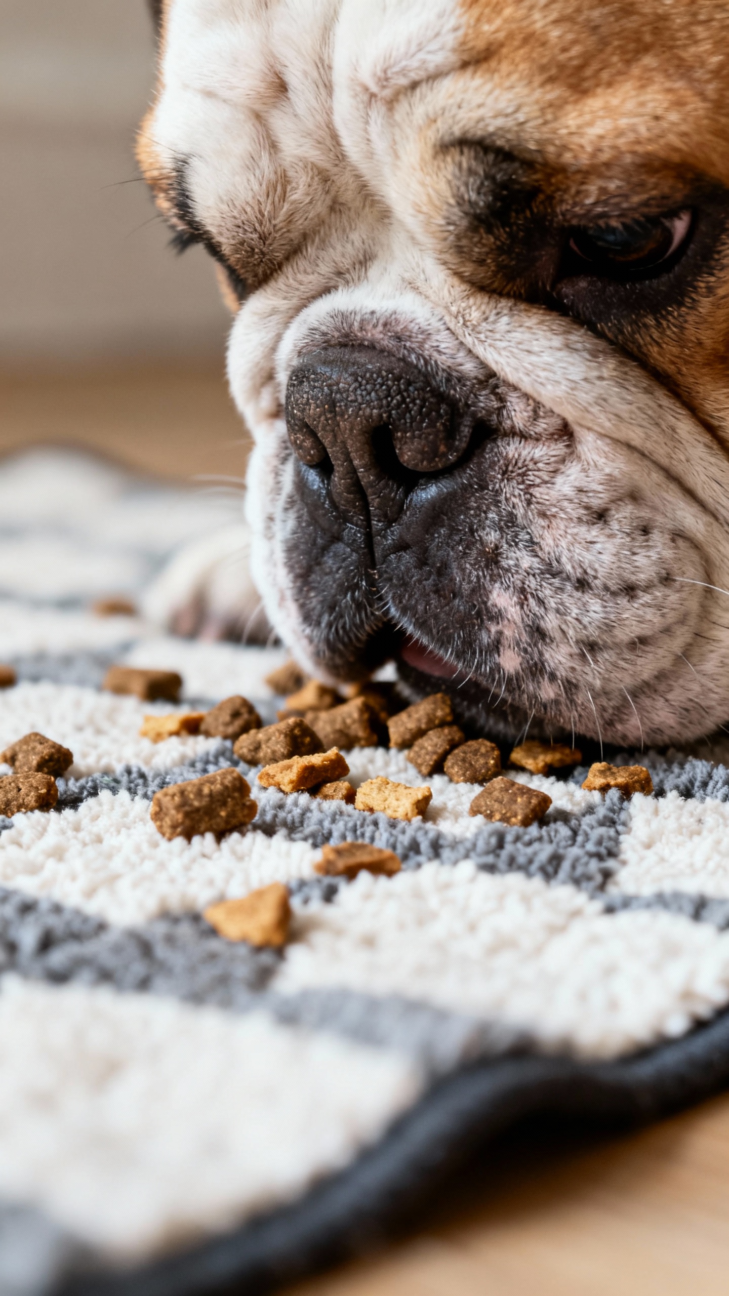 Snuffle mat scatter feeding closeup, bulldog nose and wrinkled muzzle