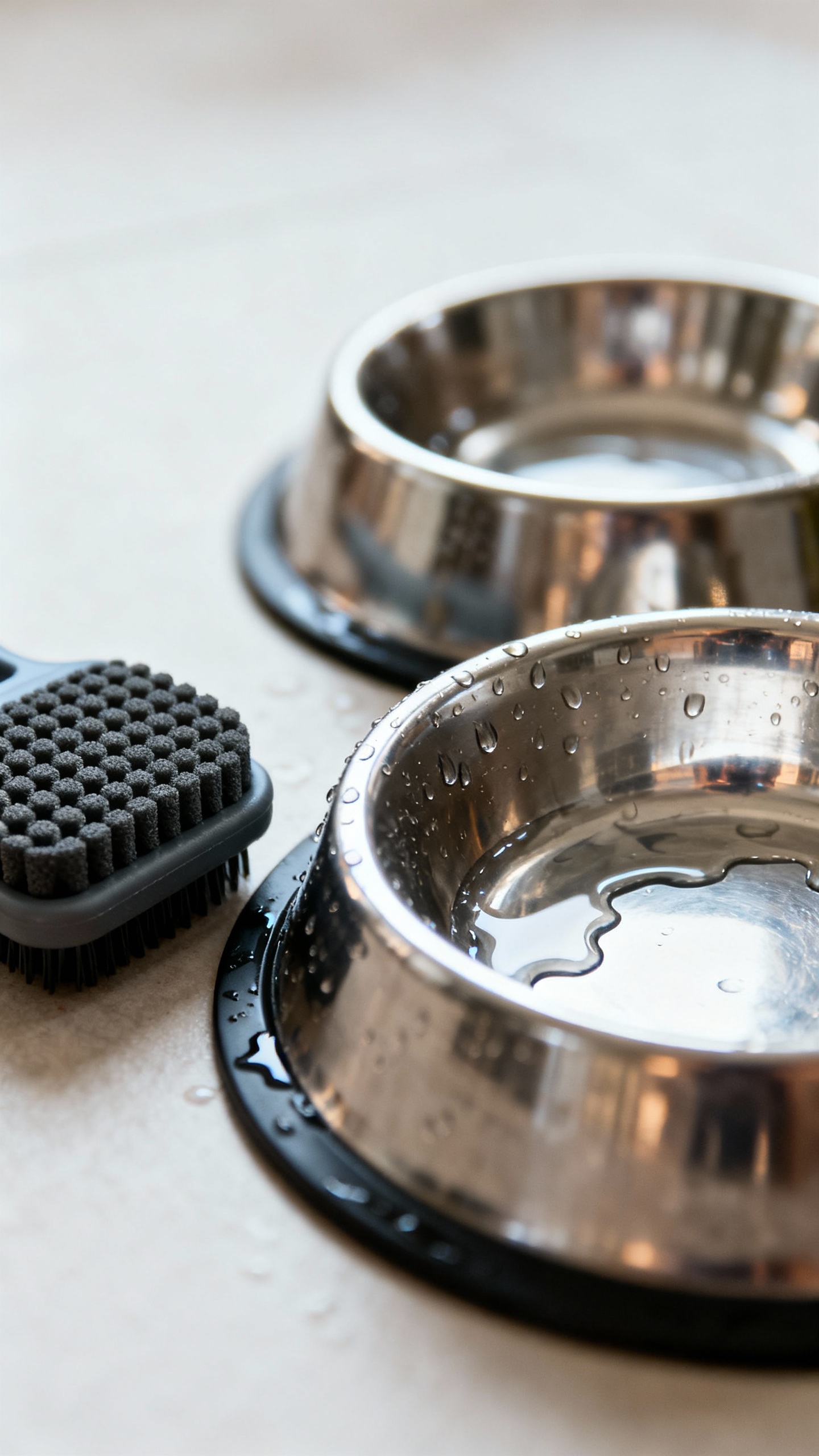 Stainless dog bowls with drooly water, rubber curry brush, close shot