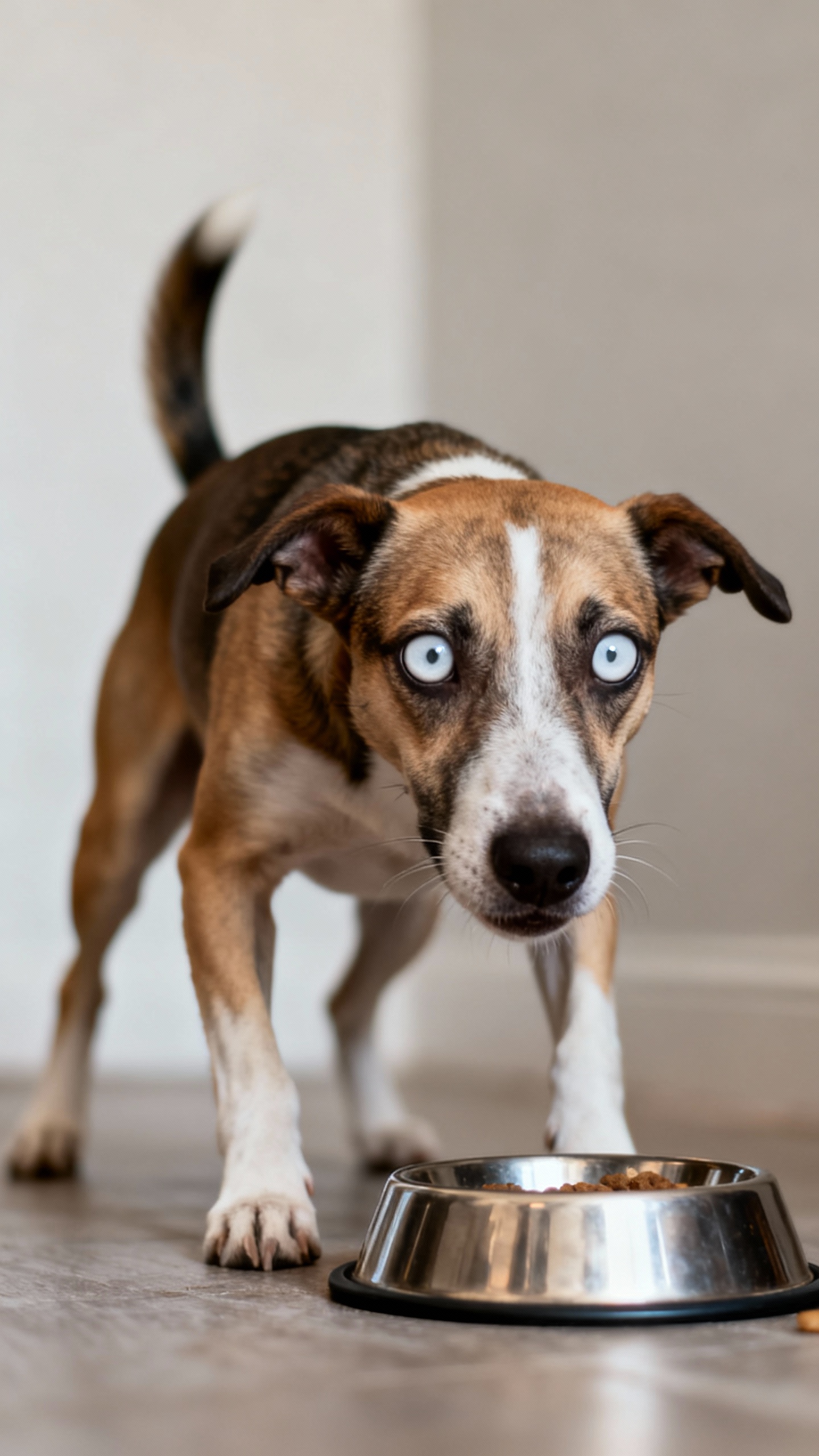 Stiff dog with whale eye near food bowl, tense posture