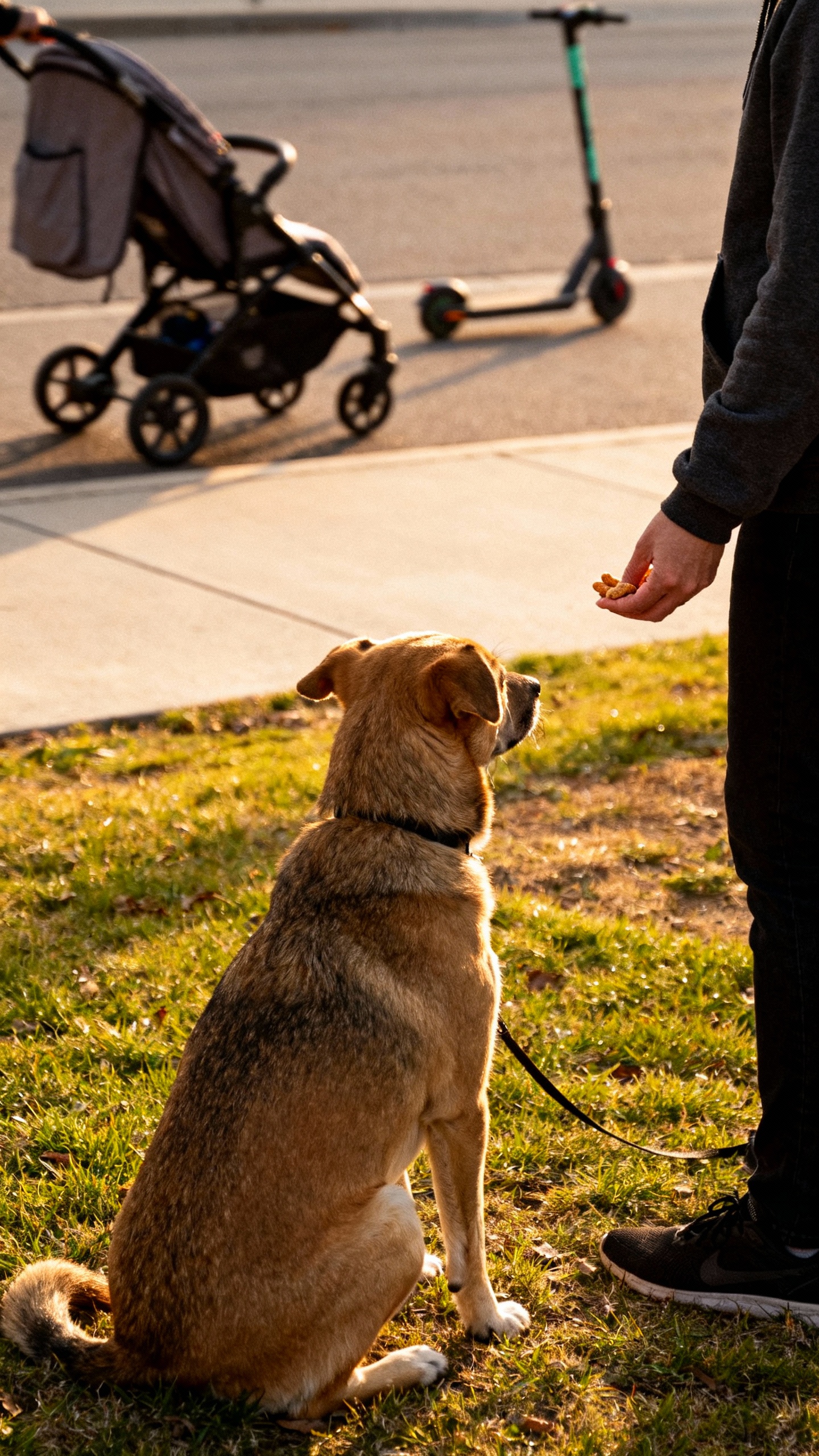 Stroller and scooter passing at distance, dog watching calmly, treats in hand