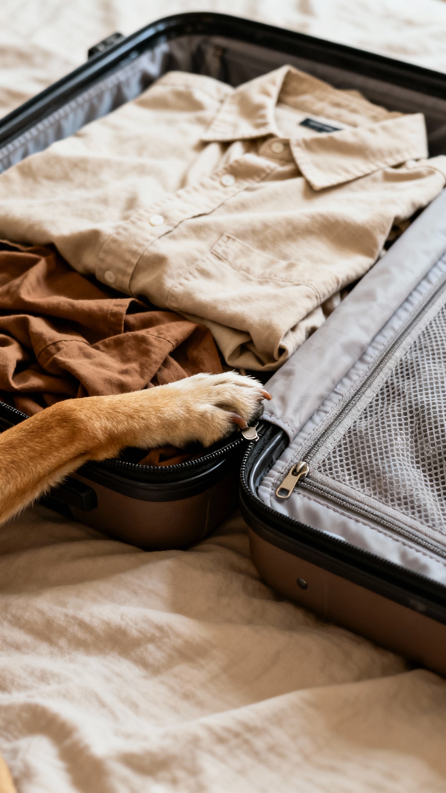 Suitcase half-packed on bed, dog paw on zipper, wrinkled shirts