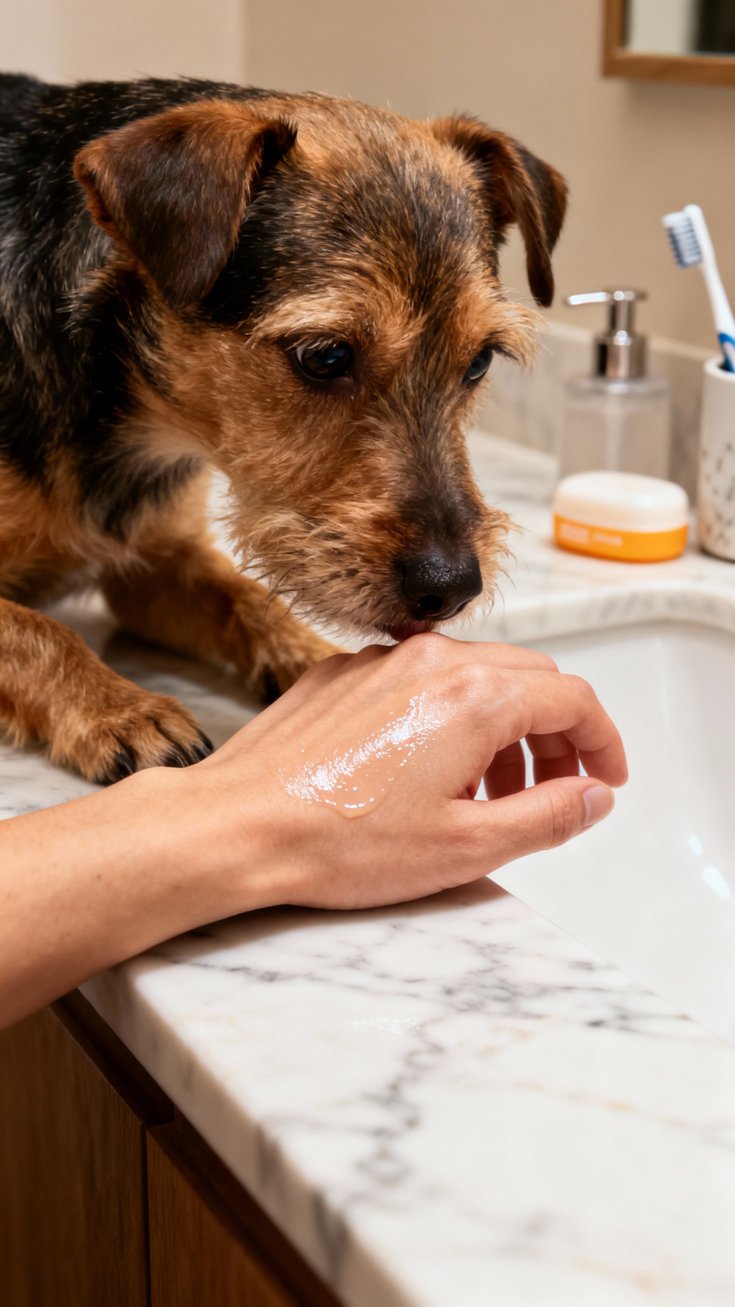 Terrier sniffing sunscreened hand, lotion sheen, bathroom counter details