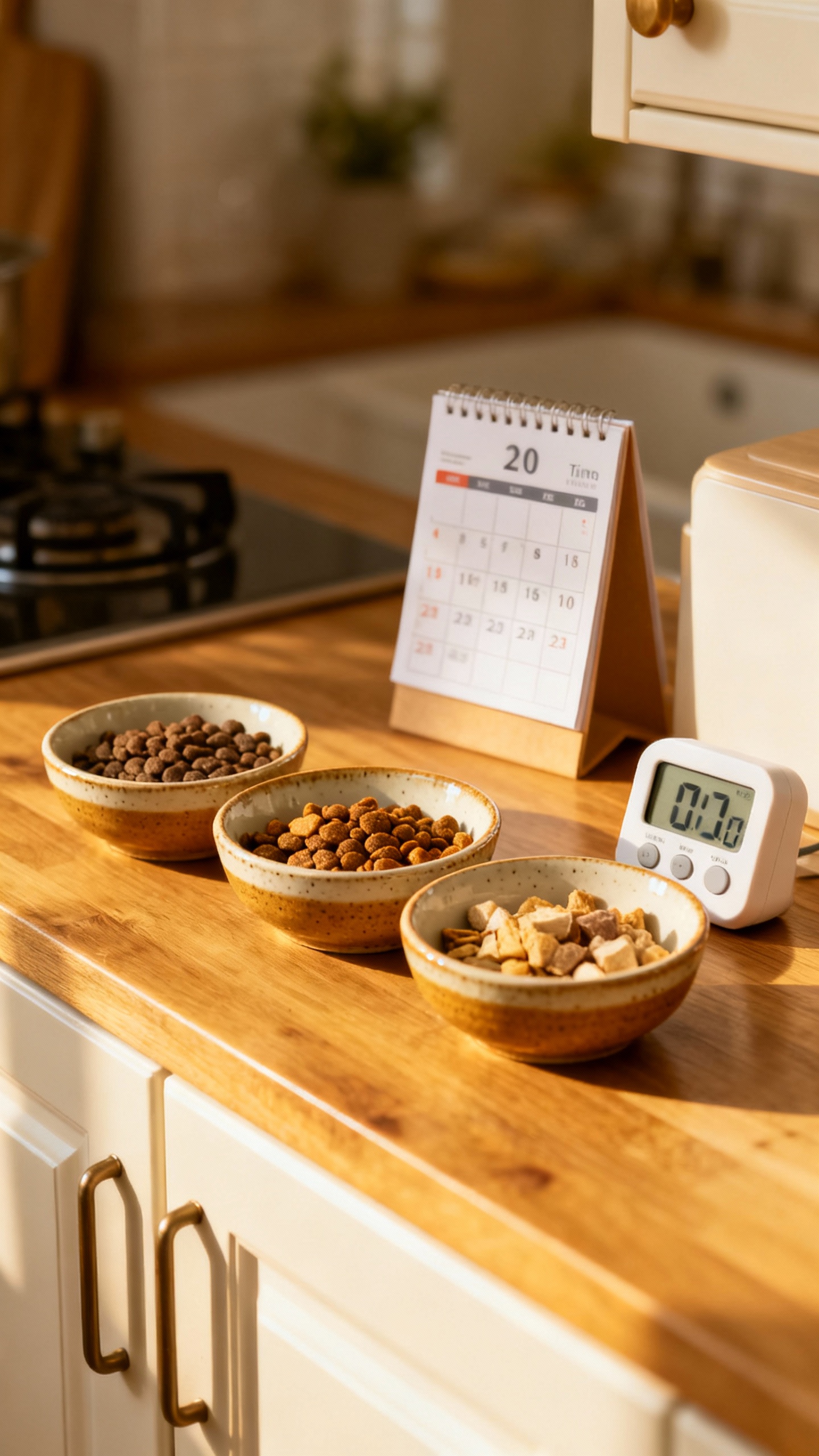 Three small bowls on kitchen counter, timed feeding schedule setup
