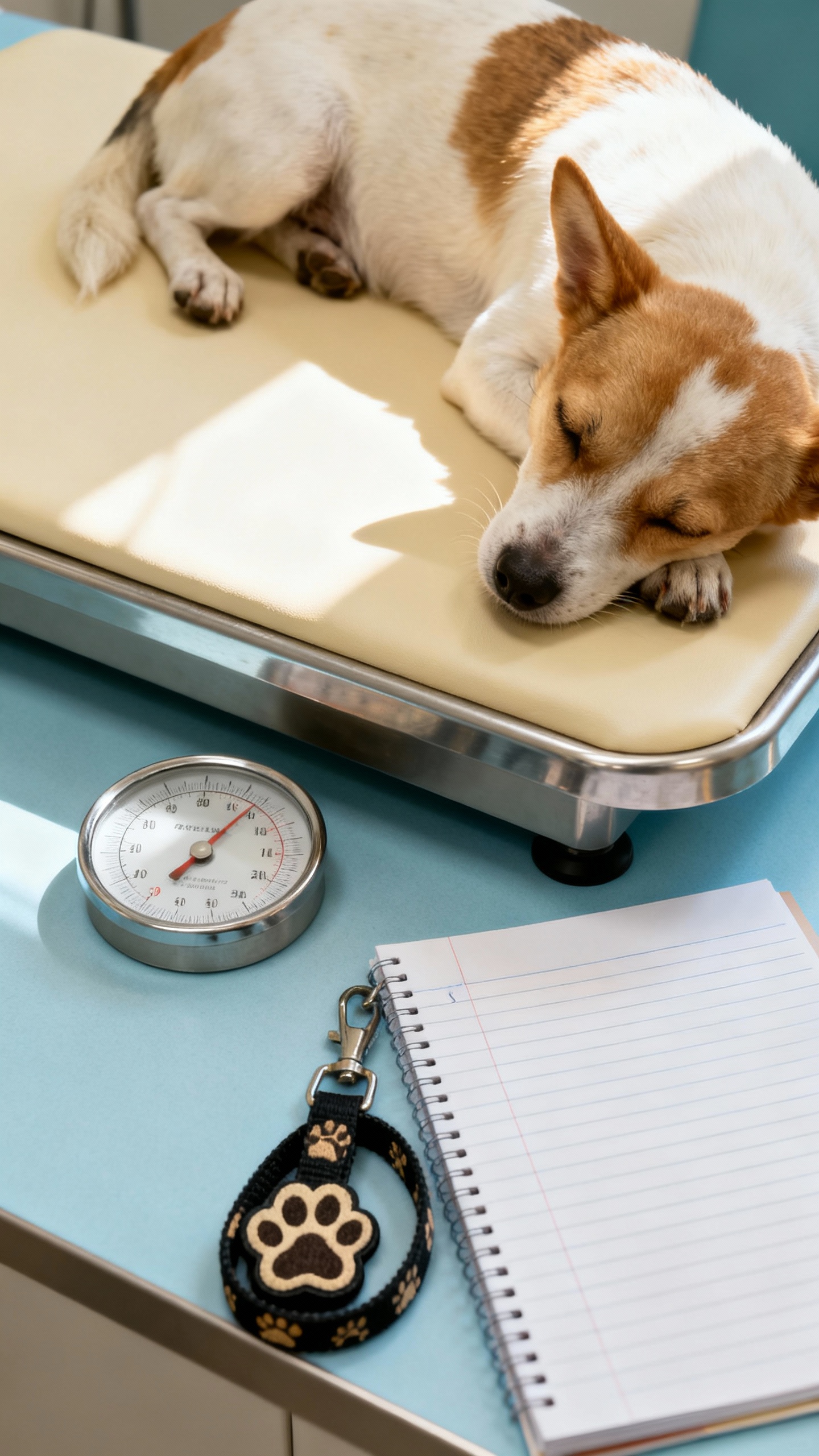 Vet clinic scale and notepad with pawprint leash, dog resting, soft daylight