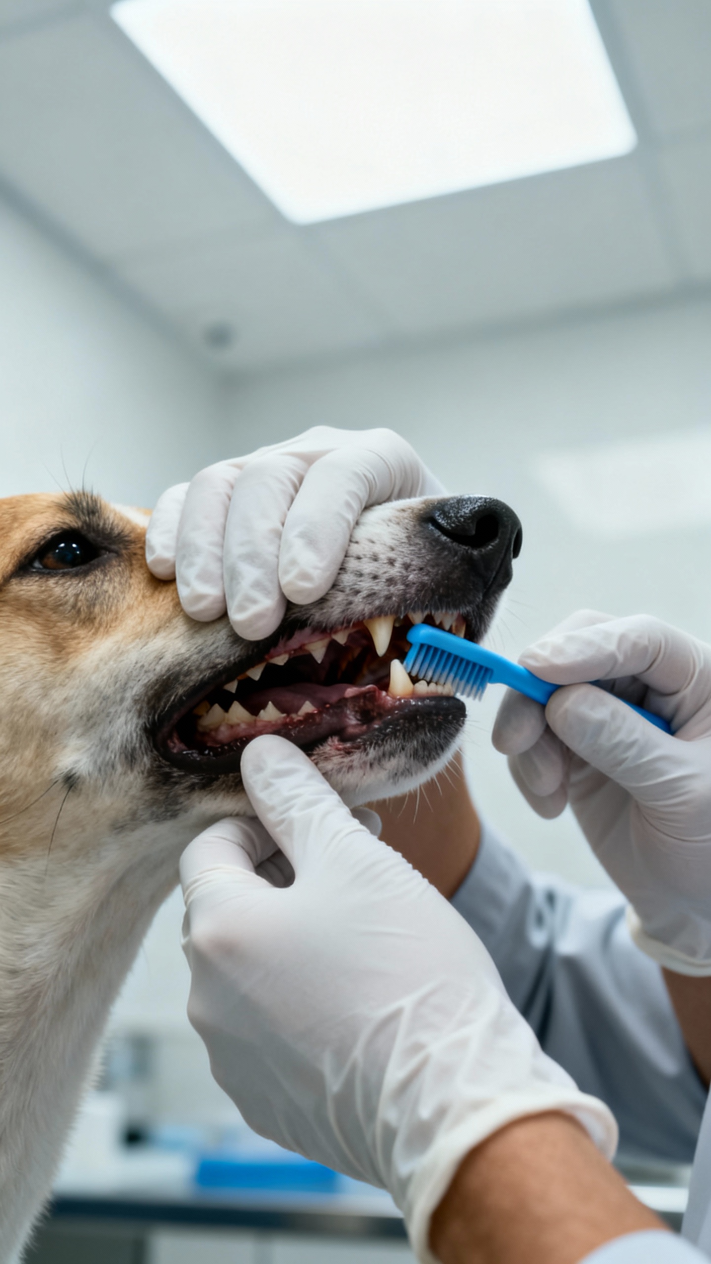 Vet exam room closeup: gloved hands brushing dog teeth