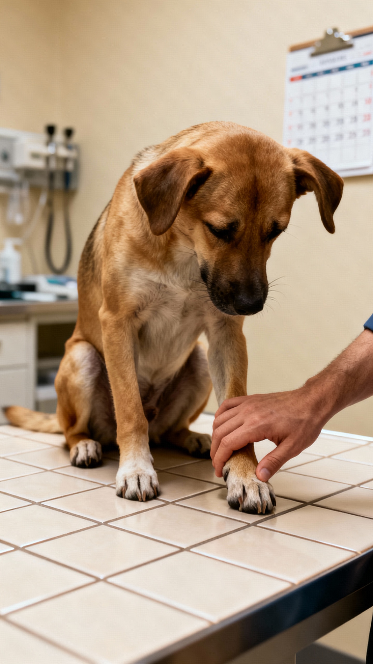 Veterinarian clinic scene, anxious dog hunched, owner hand comforting paw