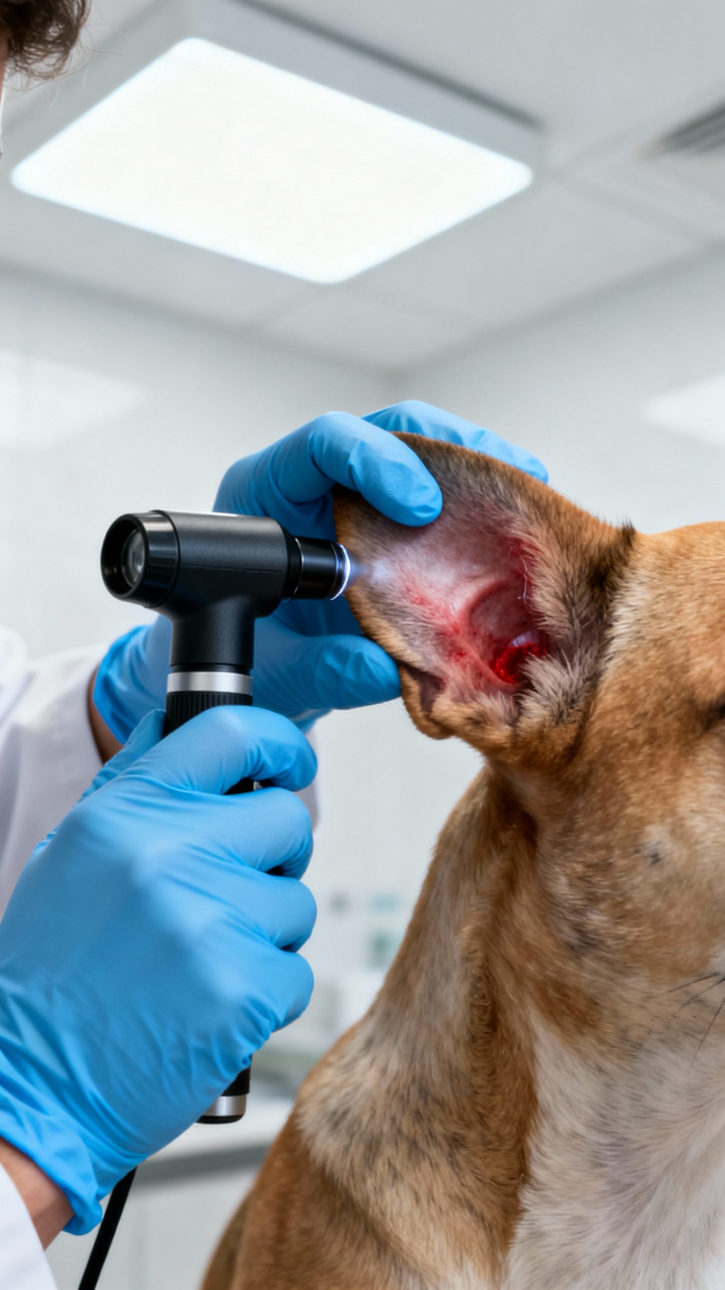 Veterinarian examining dog’s ear with otoscope, gloved hands, subtle redness, clinical room lighti