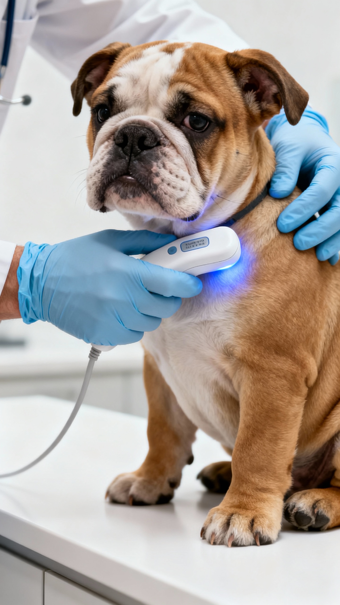 Veterinarian scanning microchip on bulldog puppy’s neck, gloved hands