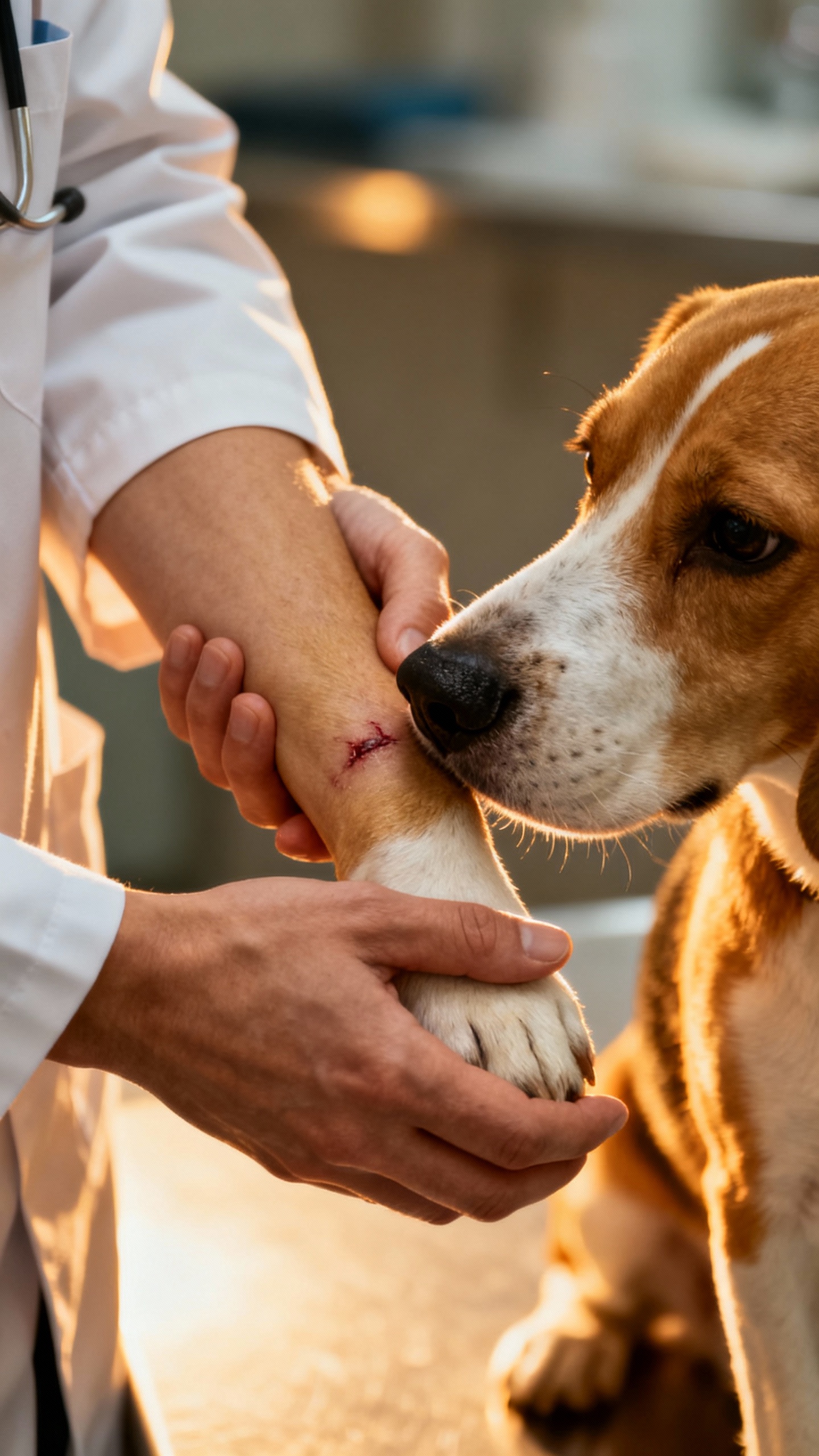 Vet’s hands covering small arm cut, curious beagle nose close