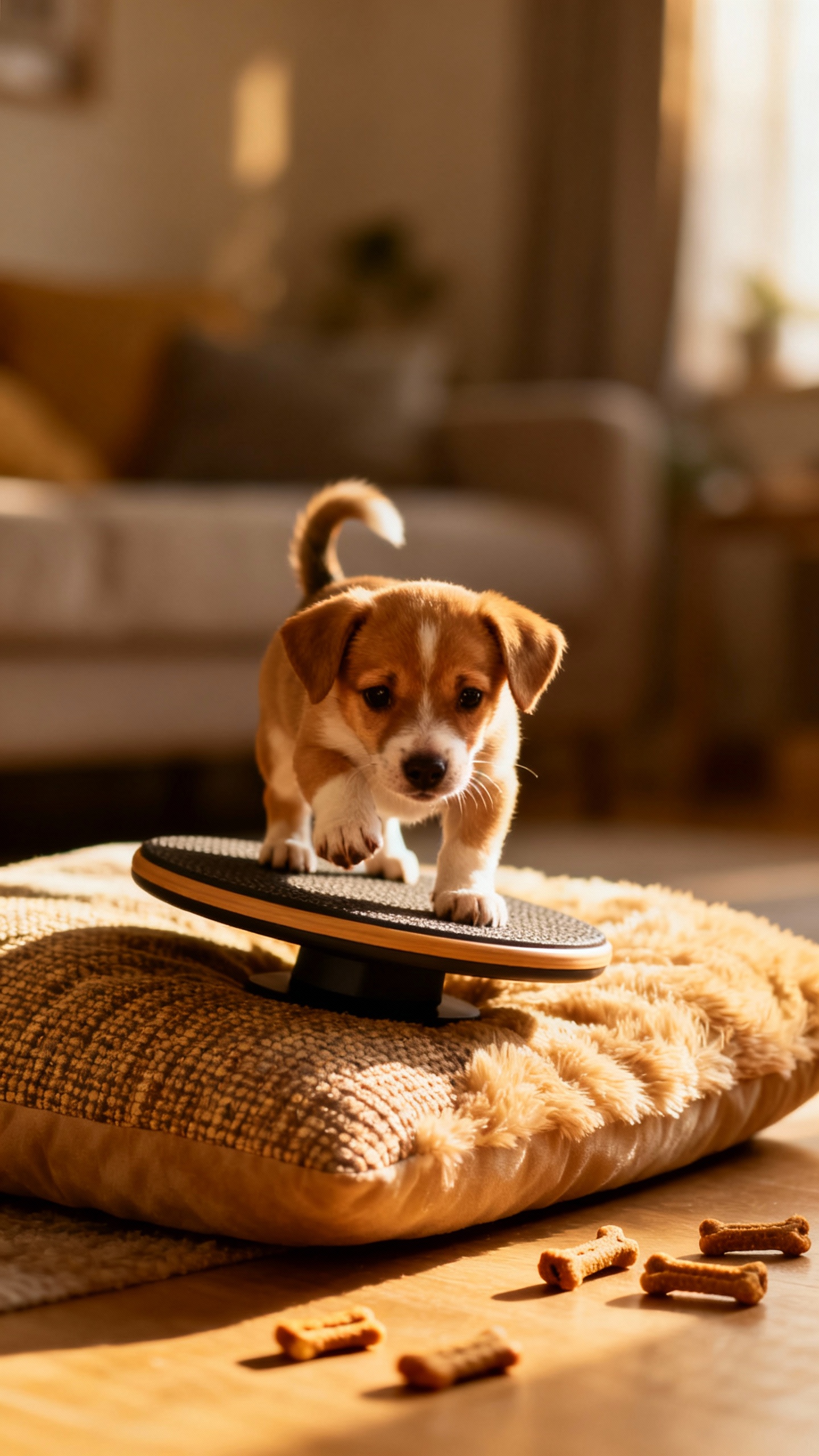 Wobble board balance exercise, small puppy on textured cushion, treats nearby